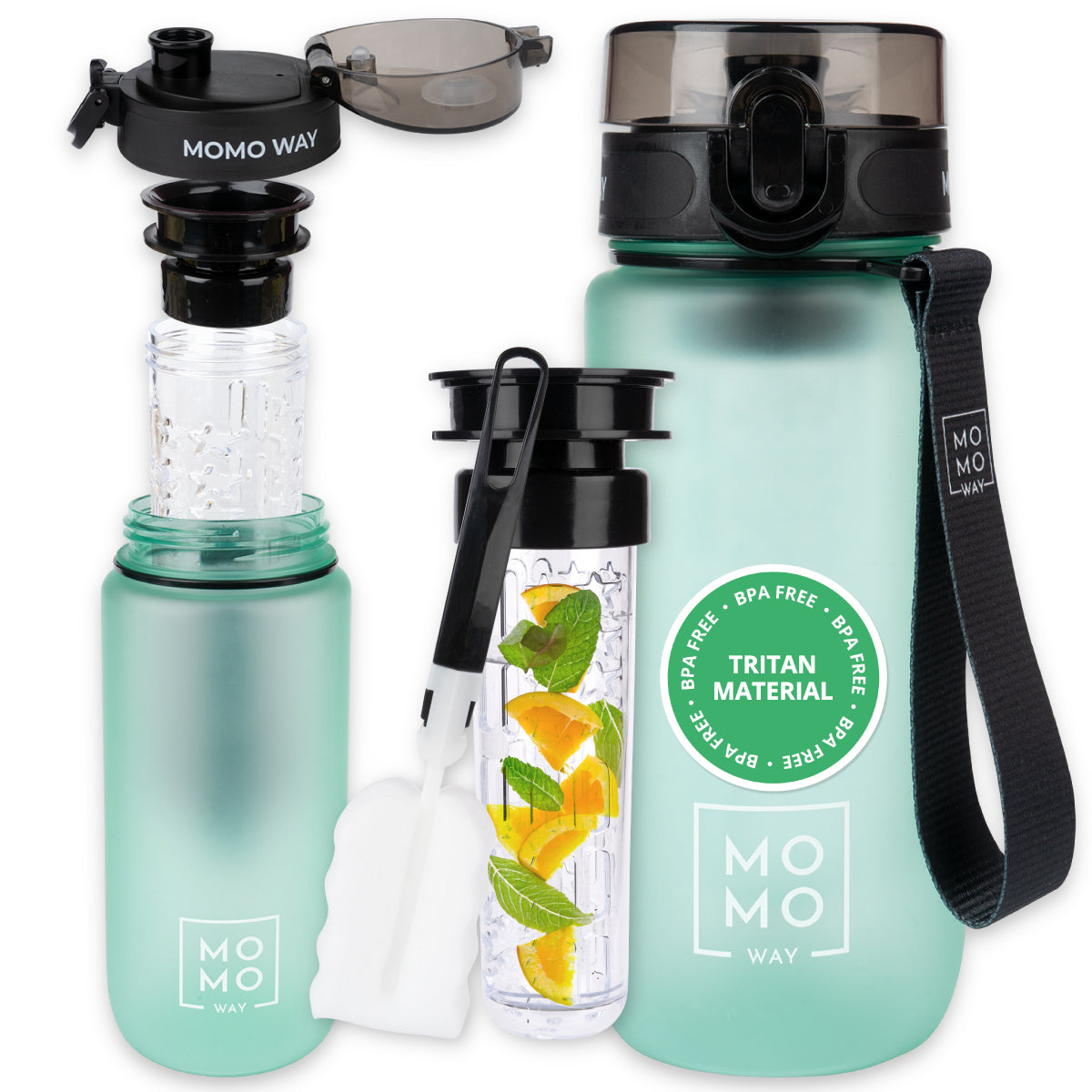 MOMO WAY water bottle green 600ml with fruit refill sports water bottle