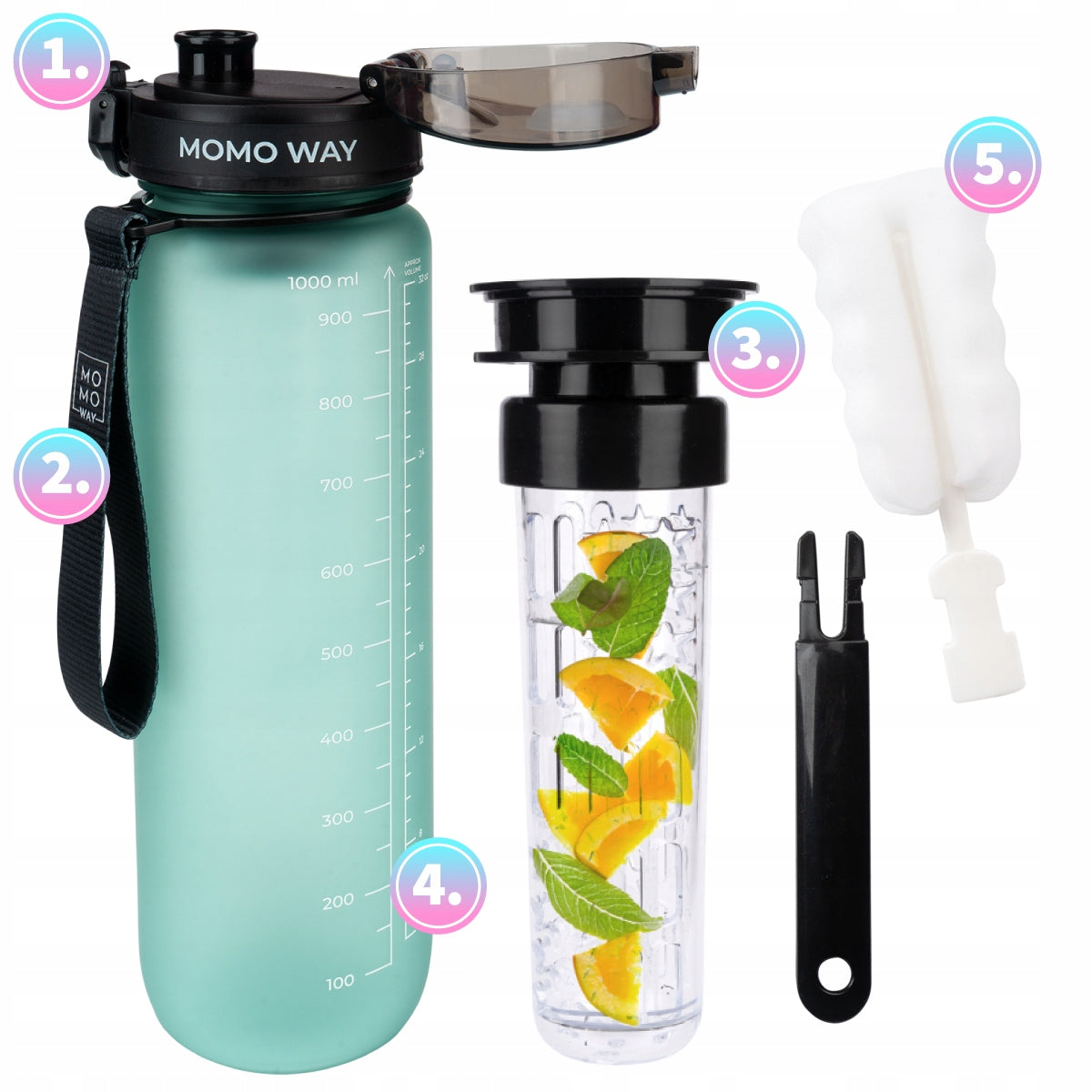 MOMO WAY water bottle light green 1L large water bottle and fruit cartridge Packaging status original