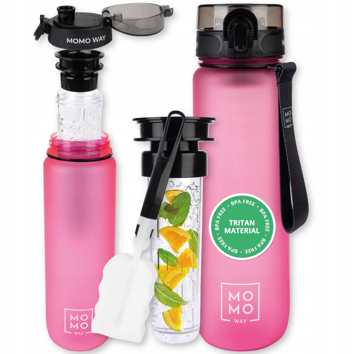 MOMO WAY water bottle pink 1L water bottle with measuring cup and fruit refill