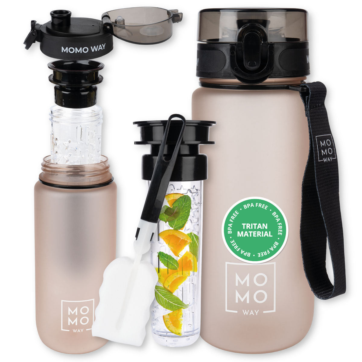MOMO WAY water bottle powder pink 600ml tritan with measuring cup and mouthpiece