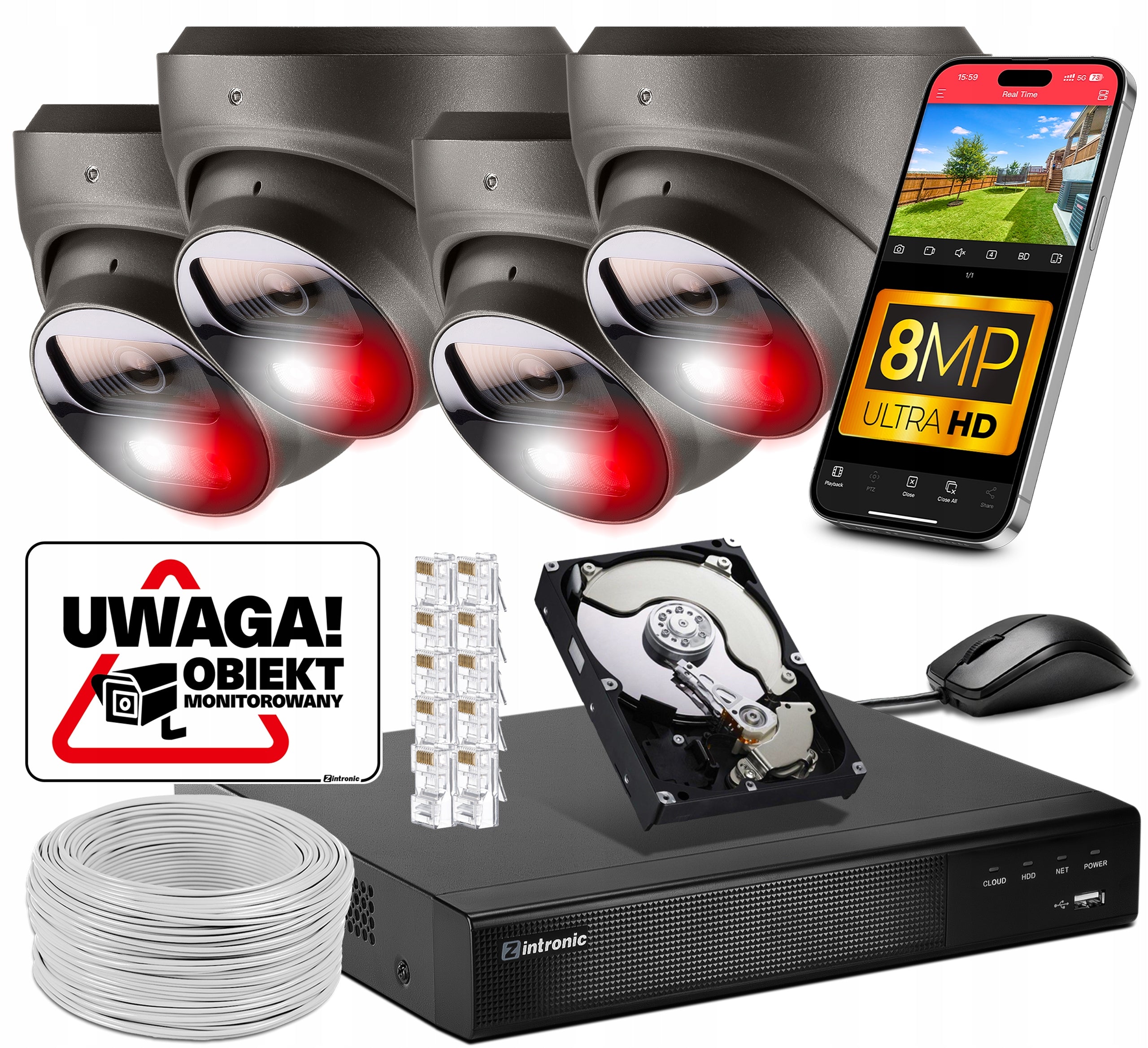 MONITORING KIT 4 POE 4K Ultra HD 8Mpx Grey Domes DETECTION 1TB