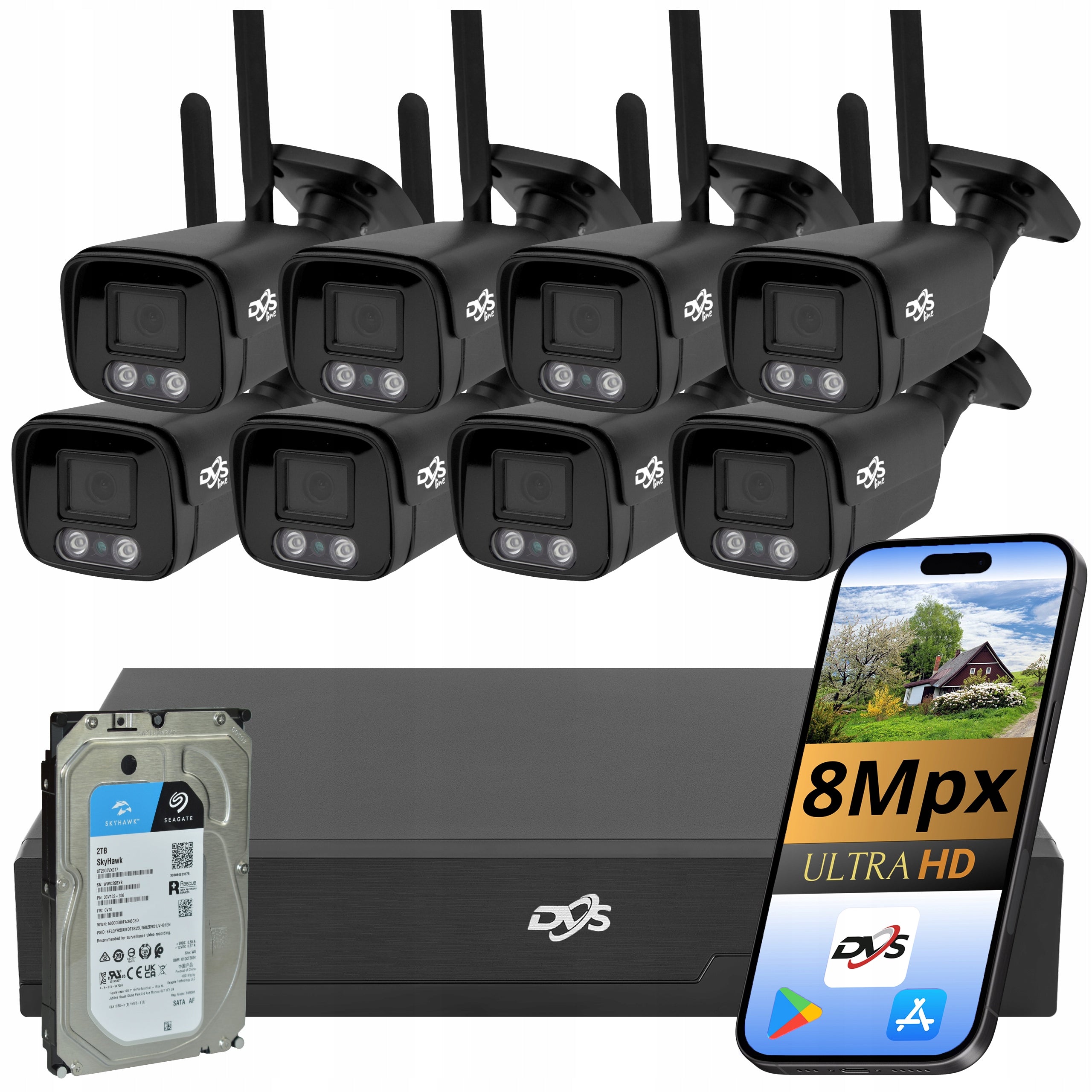 MONITORING SET OF 8 WIFI CAMERAS EXTERNAL BLACK RECORDER P2P DRIVE 2Tb