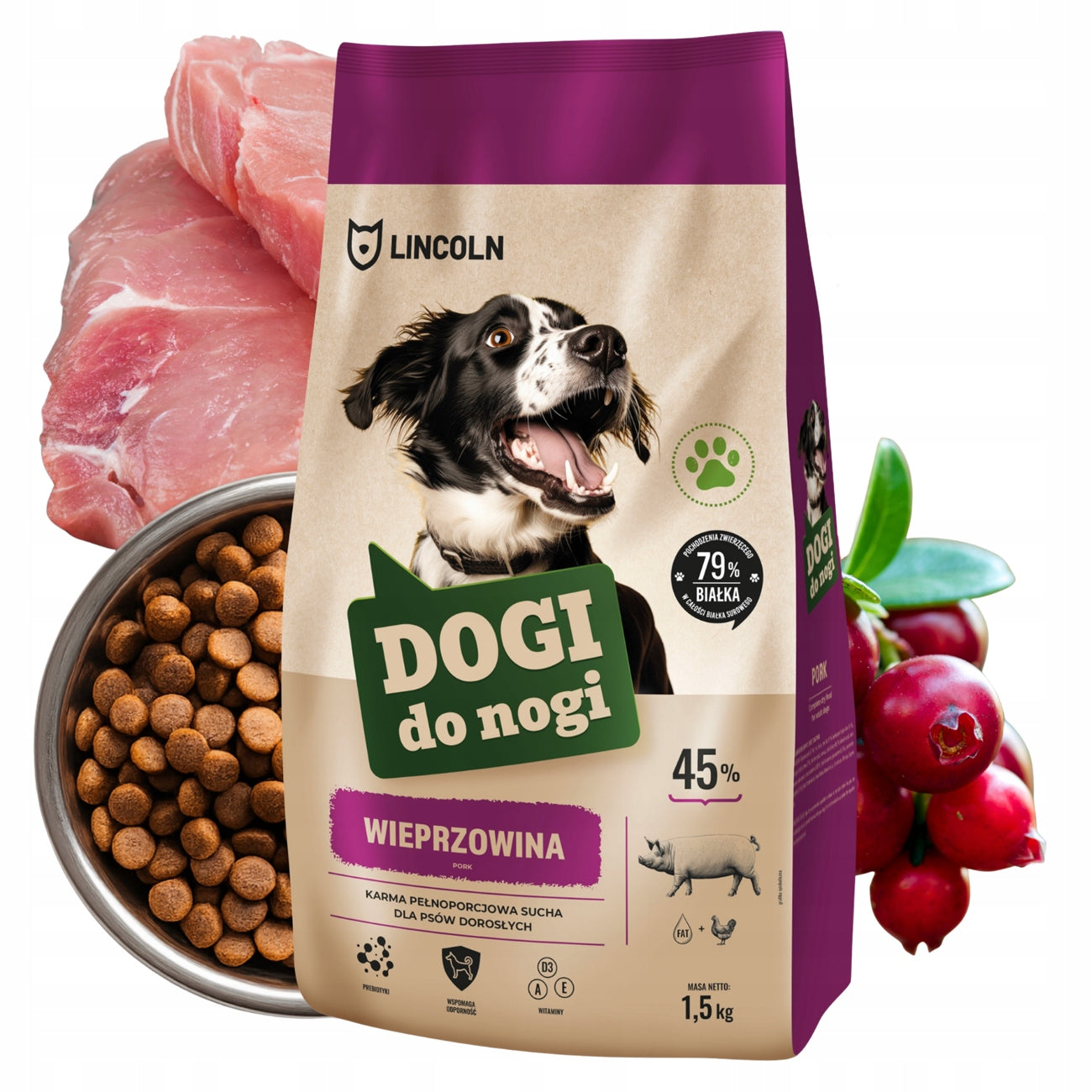 MONOPROTEIN FOOD MEAT 45% PORK 1,5KG FOR DOG LABRADOR SHEPHERD