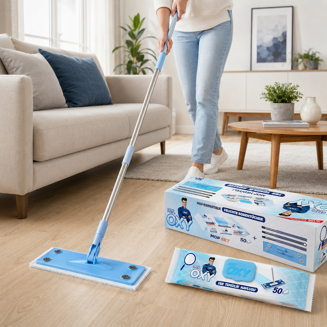 MOP FLAT SET Mr. OXY Clean Telescopic Rotary System 50 Towels Packaging status original