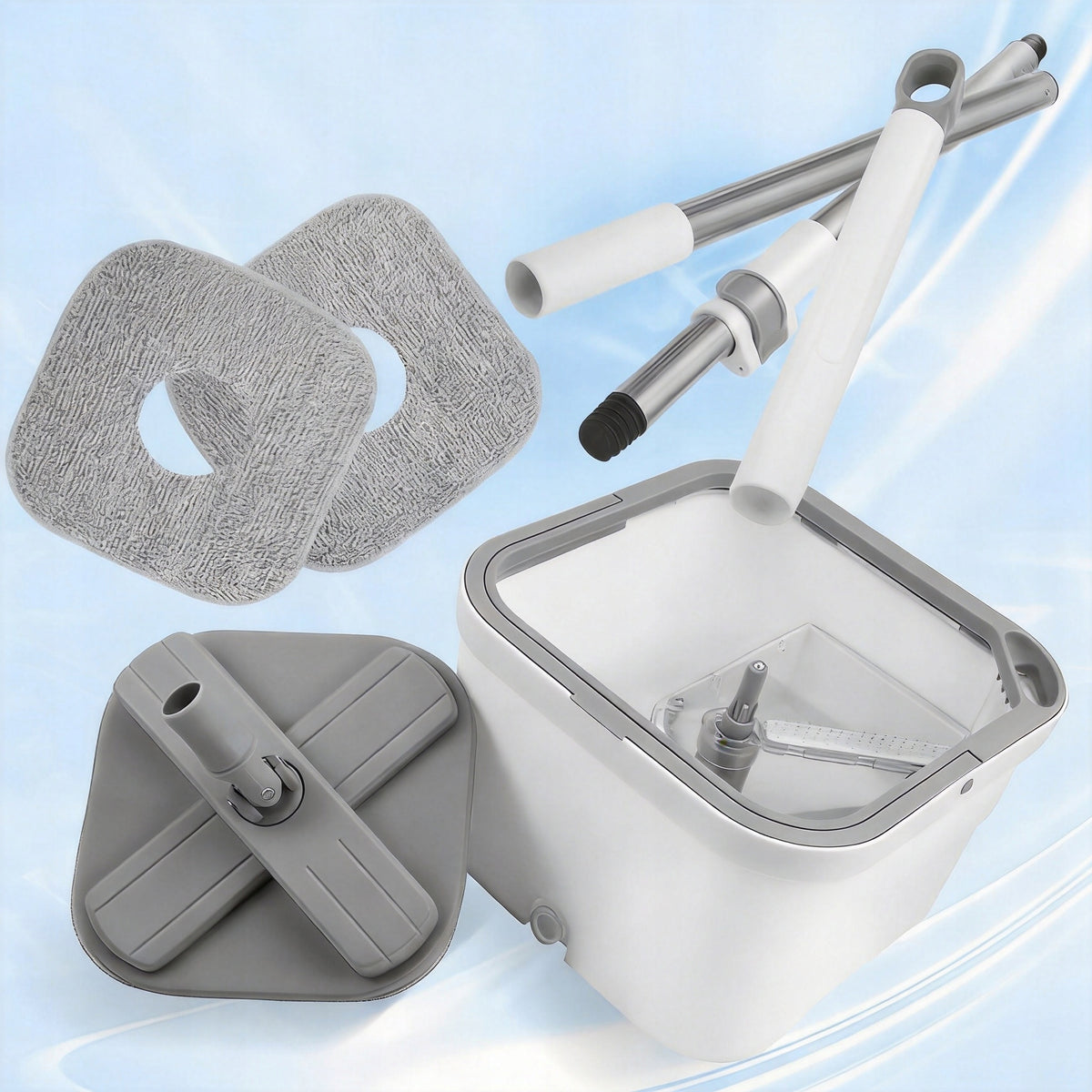 MOP SET WITH TWO-CHAMBER BUCKET AND FOUR MICROFIBER HEADS Packaging status original
