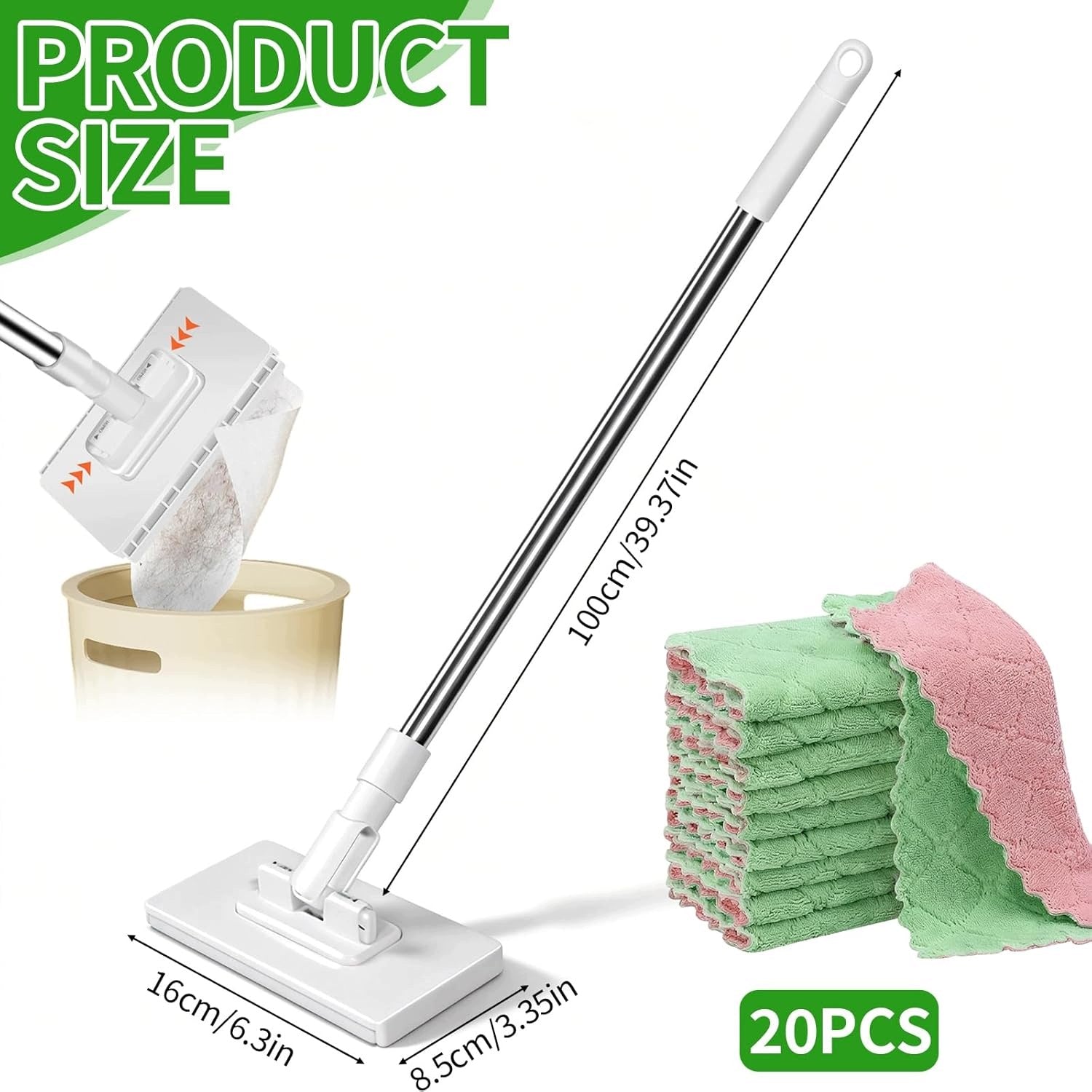 MOP WITH NON-CONTACT CLAMPING SYSTEM 20 REUSABLE WIPES