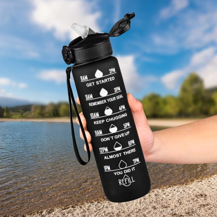 MOTIVATIONAL WATER BOTTLE SPORTS WATER BOTTLE WITH MEASURING CUP FITNESS GYM 1L Color black