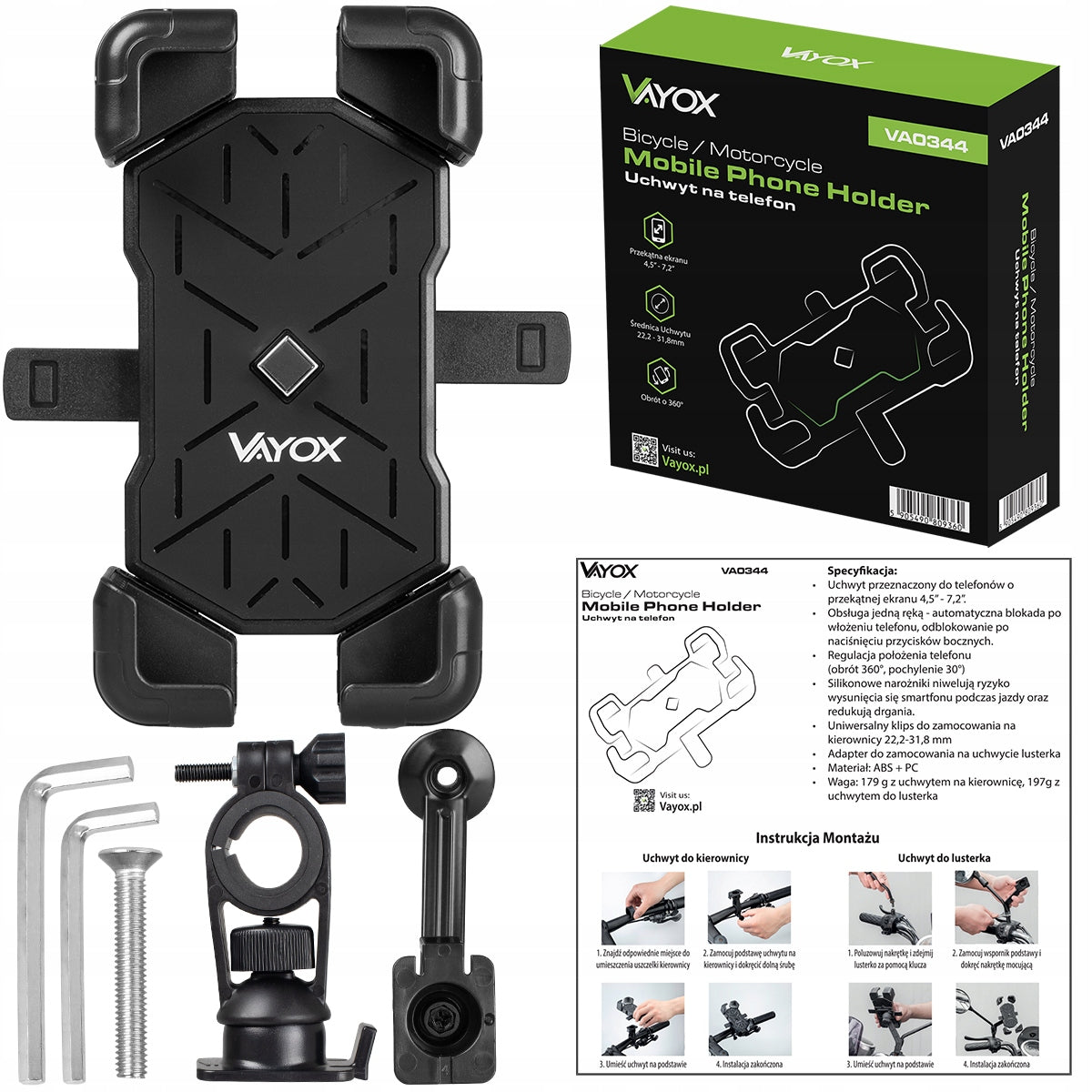 MOTORCYCLE BIKE HOLDER FOR PHONE 7,2 HANDLEBAR BIKE ALUMINUM VAYOX Model VA0344