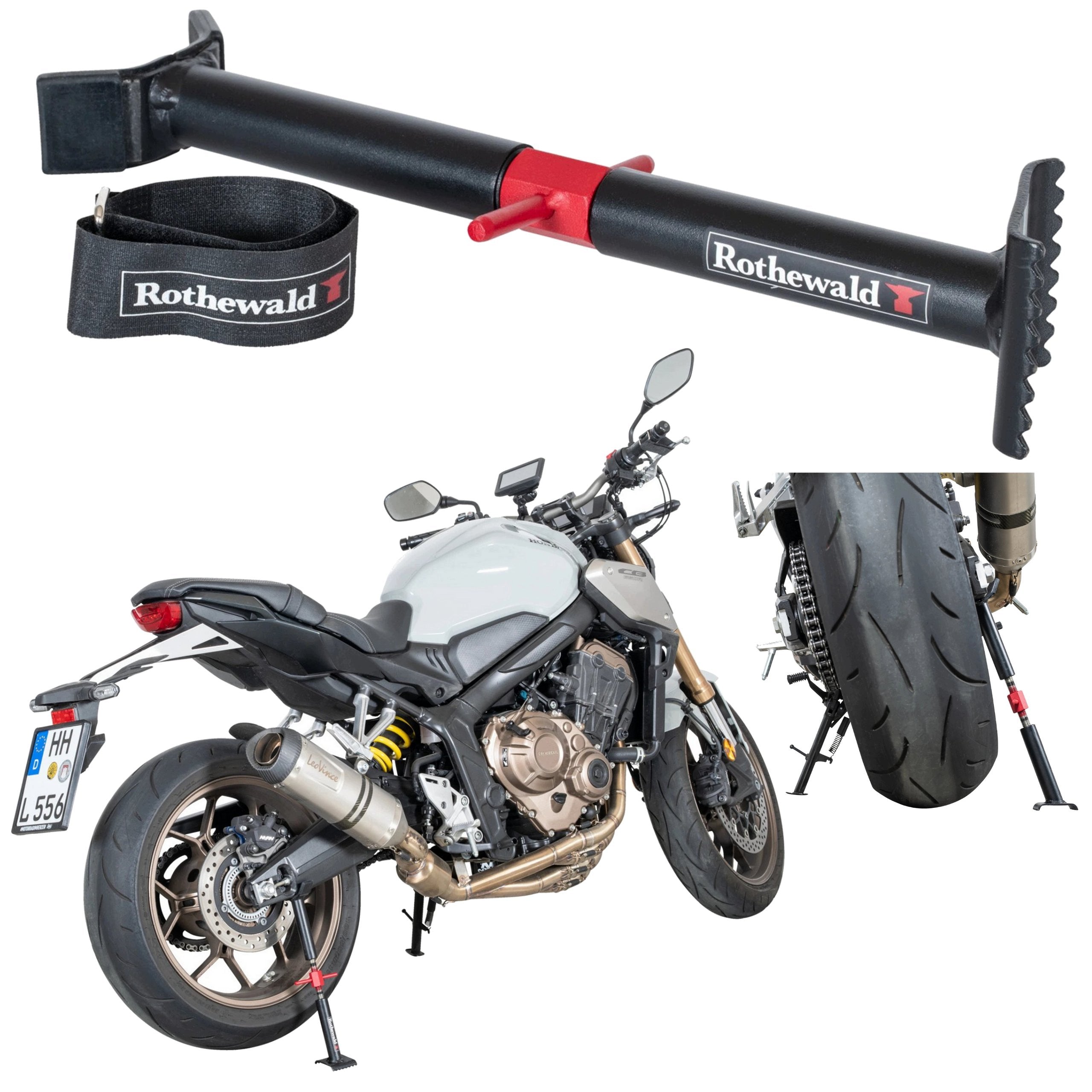 MOTORCYCLE HAND-HELD EMERGENCY LIFT UNDER SWING ARM + BRAKE LOCK