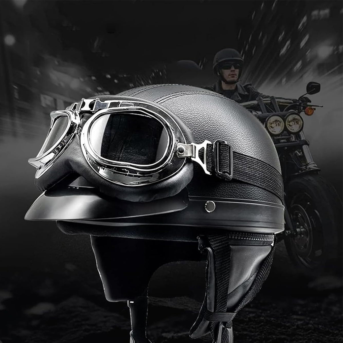 MOTORCYCLE HELMET BLACK RETRO CHOPPER GERMAN VISOR GOGGLES Size M/L