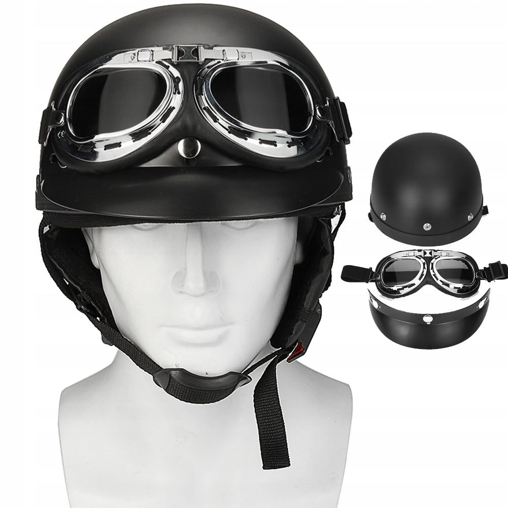 MOTORCYCLE HELMET BLACK RETRO GOGGLES CHOPPER VETERAN Packaging status original