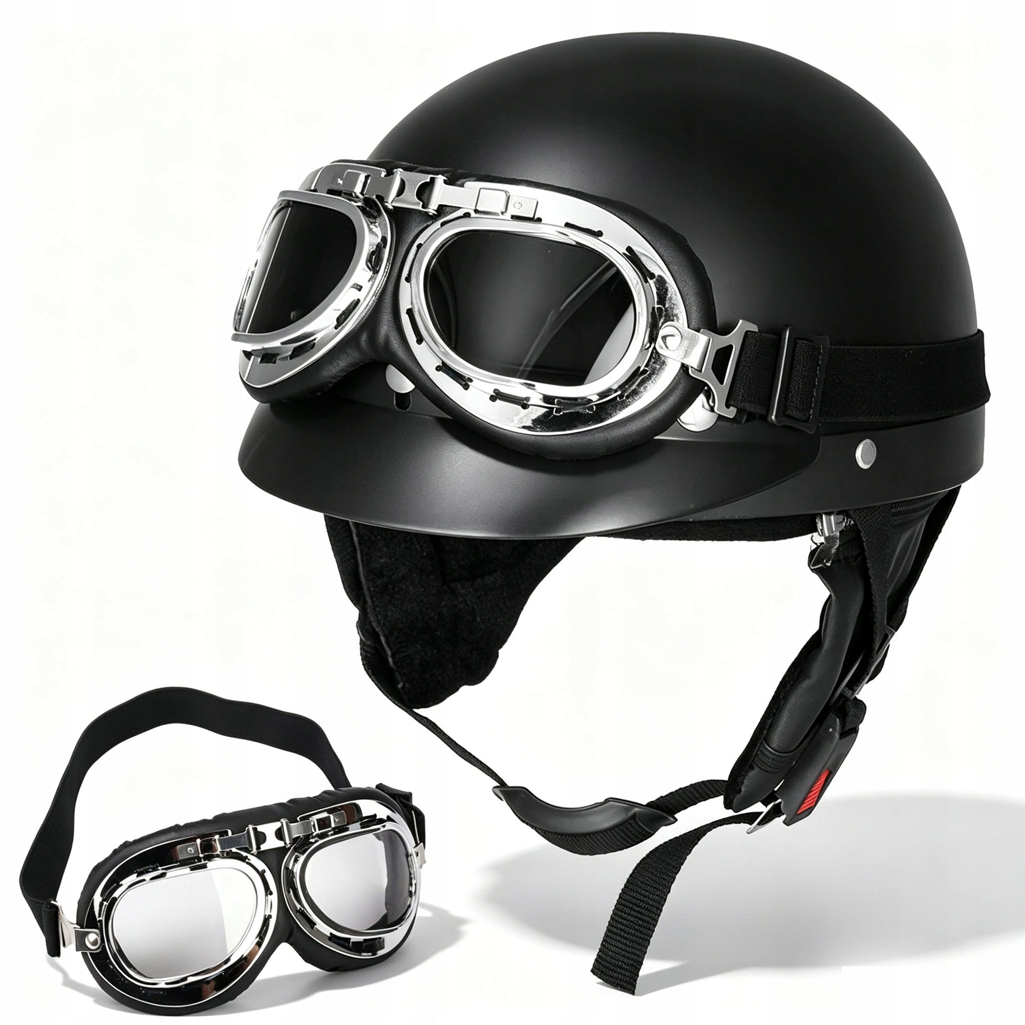 MOTORCYCLE HELMET BLACK RETRO GOGGLES CHOPPER VETERAN