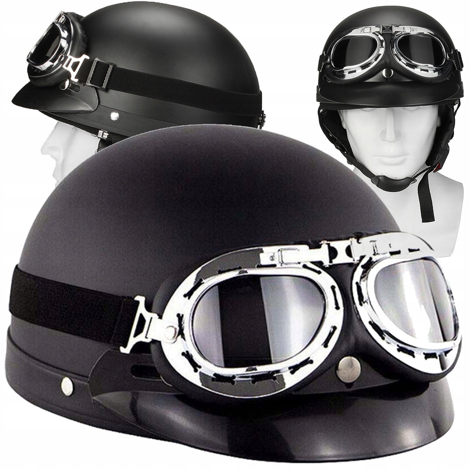 MOTORCYCLE HELMET BLACK RETRO VISOR WITH GOGGLES SET