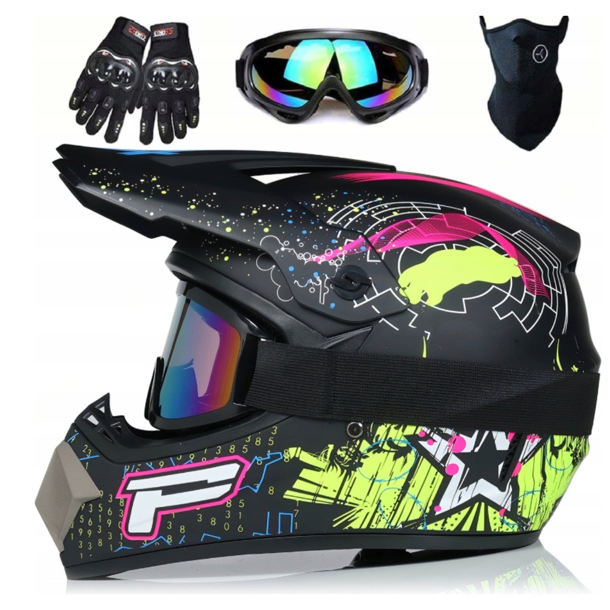 MOTORCYCLE HELMET CROSS LIGHT ENDURO QUADA L + GOGGLES + GLOVES + MASK Packaging status original