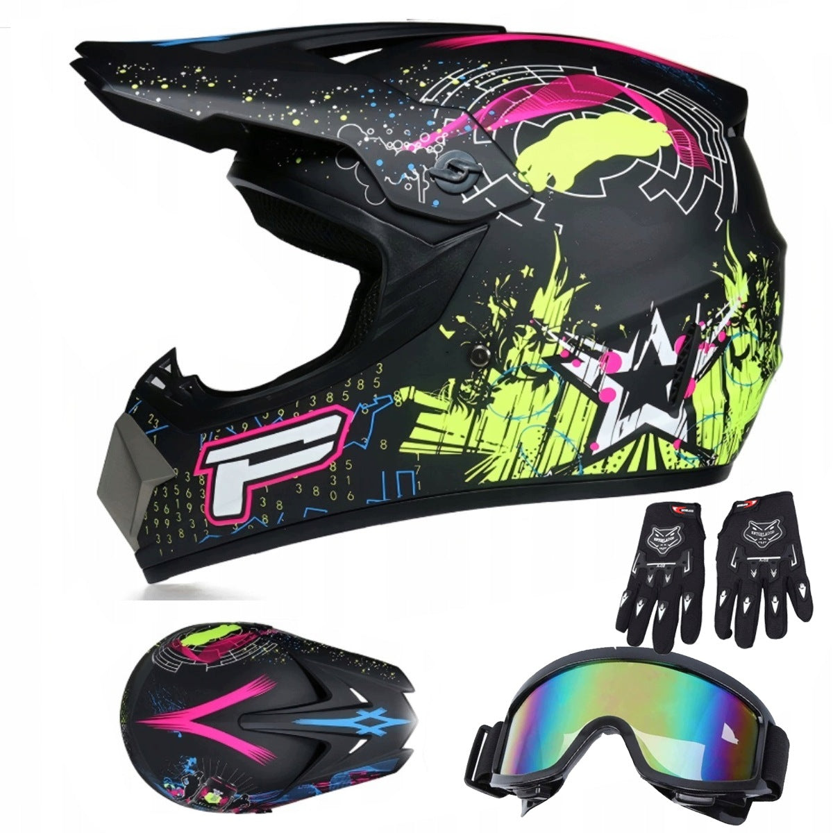 MOTORCYCLE HELMET CROSS LIGHT ENDURO QUADA L + GOGGLES + GLOVES + MASK
