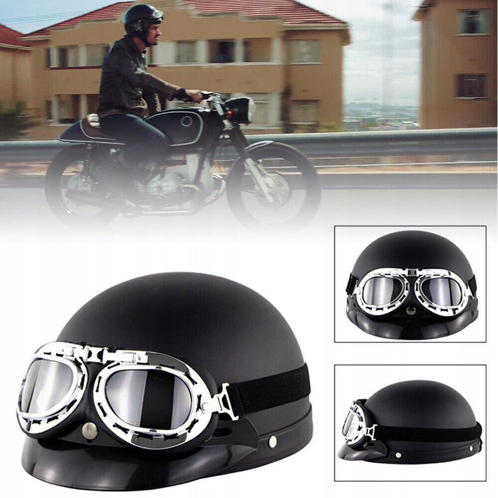 MOTORCYCLE HELMET FOR SCOOTER WITH GOGGLES PEANUT HELMET RETRO SET BLACK Size universal
