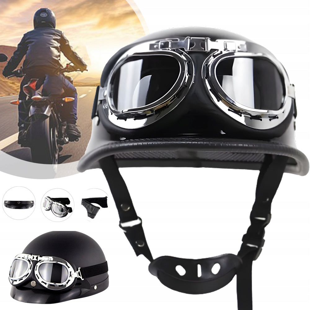MOTORCYCLE HELMET FOR SCOOTER WITH GOGGLES PEANUT HELMET RETRO SET BLACK