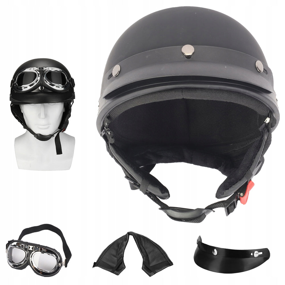 MOTORCYCLE HELMET MAT BLACK LIGHT BUFFER COMFORTABLE FOR MOTORCYCLIST + GOGGLES