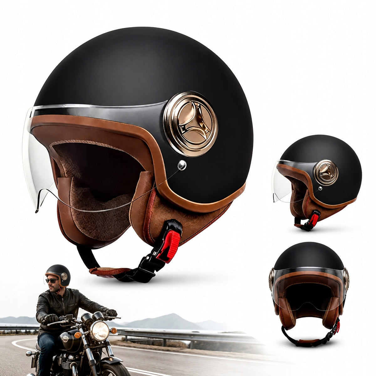 MOTORCYCLE HELMET OPEN BLACK SCOOTER CHOPPER ECE 22.06 LIGHT