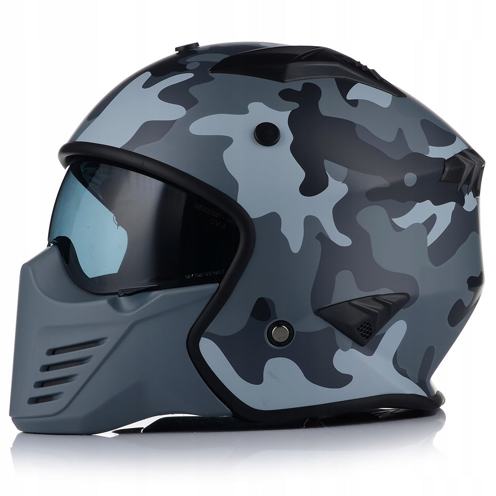 MOTORCYCLE HELMET OPEN | VITO BRUZANO CAMO | DETACHABLE JAW + 2x GLASS Packaging status original