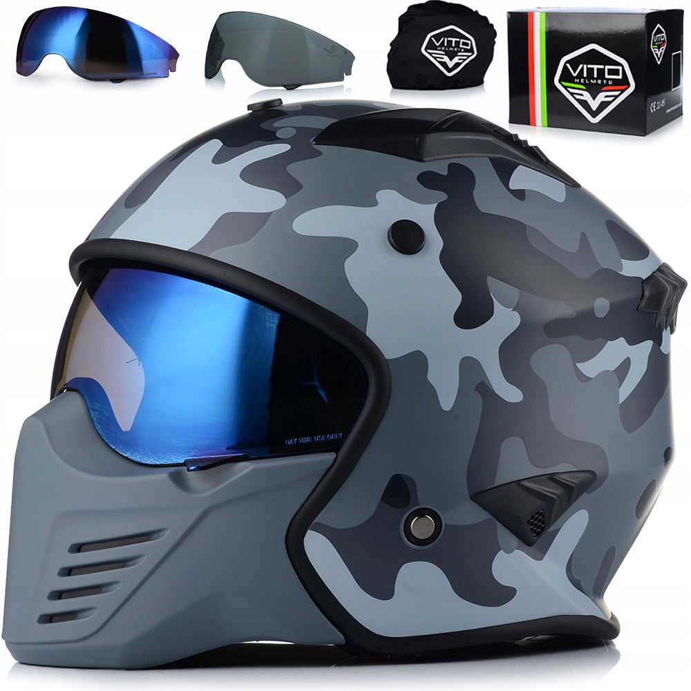 MOTORCYCLE HELMET OPEN | VITO BRUZANO CAMO | DETACHABLE JAW + 2x GLASS