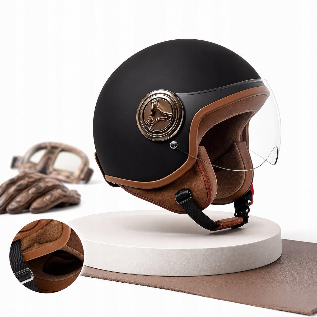 MOTORCYCLE HELMET PEANUT SEMI-OPEN BLACK