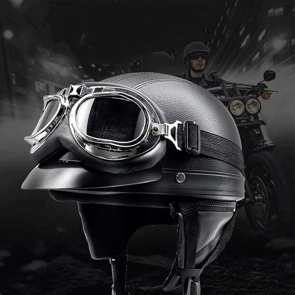MOTORCYCLE HELMET WITH RETRO CHOPPER GOGGLES Size universal
