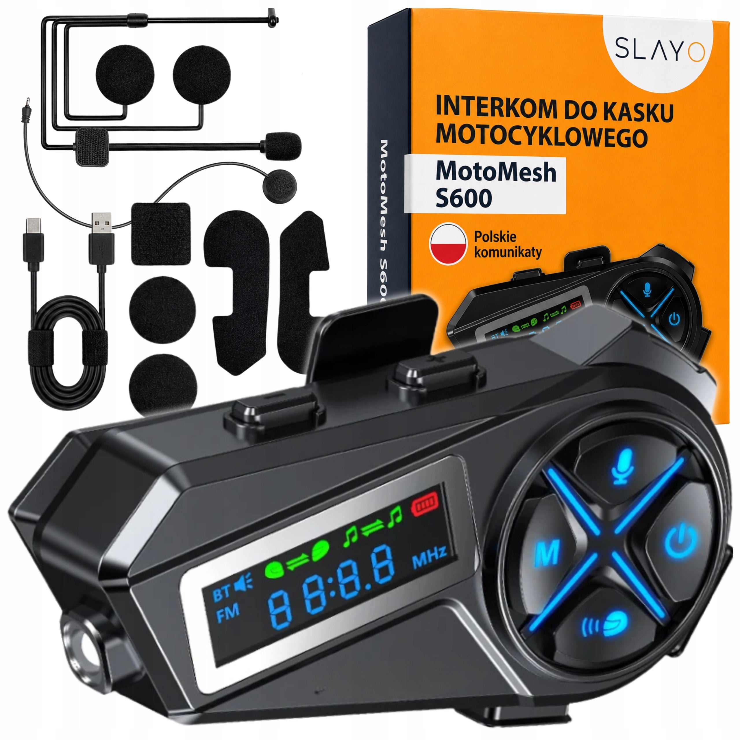 MOTORCYCLE INTERCOM 500M BLUETOOTH FM RADIO POLISH REPORTS FLASHLIGHT