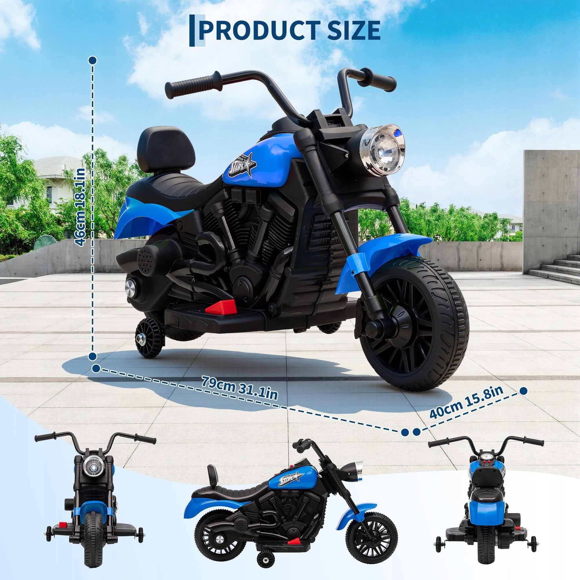 MOTOREK ELEKTRYCZNY DLA DZIECI 6V BOCZNYMI KÓŁKAMI MUZYKA ŚWIATŁA NIEBIESKI Packaging status original