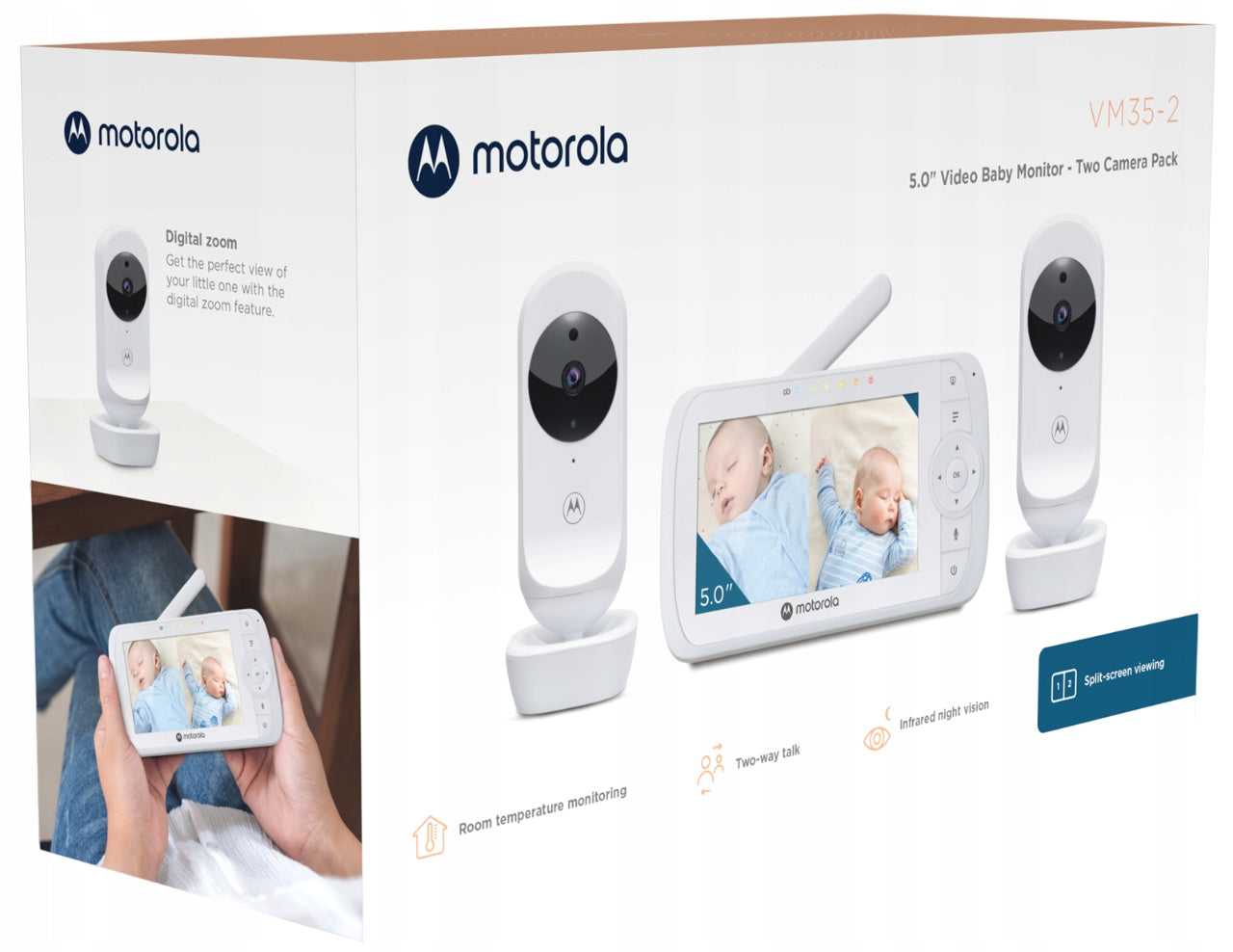MOTOROLA VM 35-2 BABY MONITOR VIDEO 2 CAMERAS LARGE SCREEN 5" LULLABIES NIGHT MODE Packaging status original