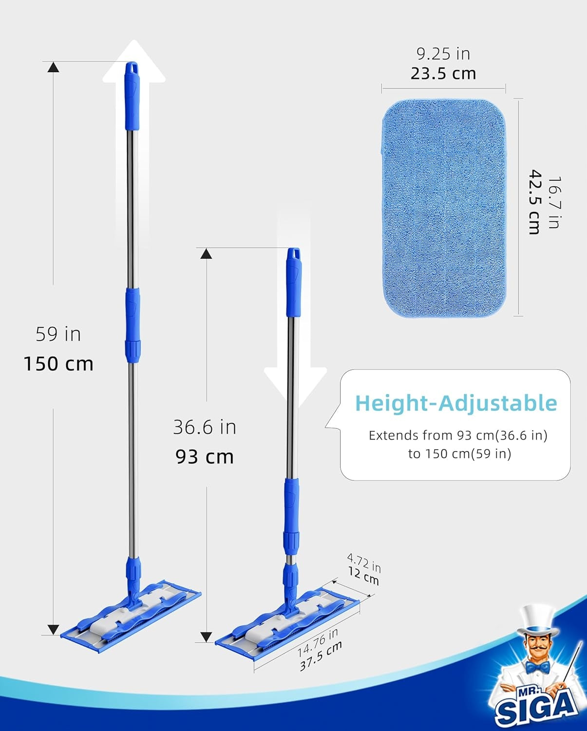 MR.SIGA Microfiber Mop Handle Stainless Steel 4 Cartridges 42x23cm for Flooring Brand Mr.Siga
