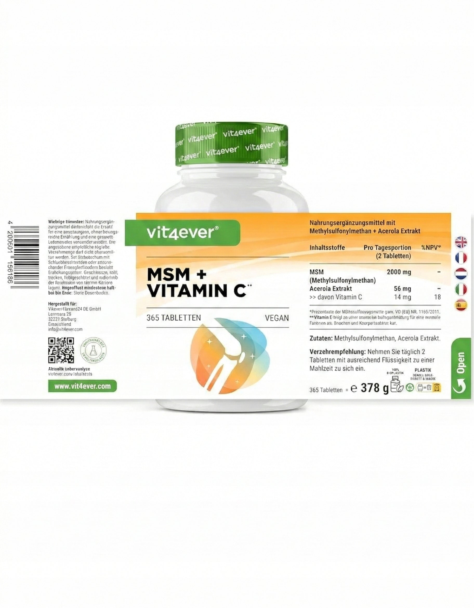MSM 2000 mg WITH VITAMIN 365 TABLETS JOINT AND SKIN SUPPORT VIT4EVER Brand Vit4Ever