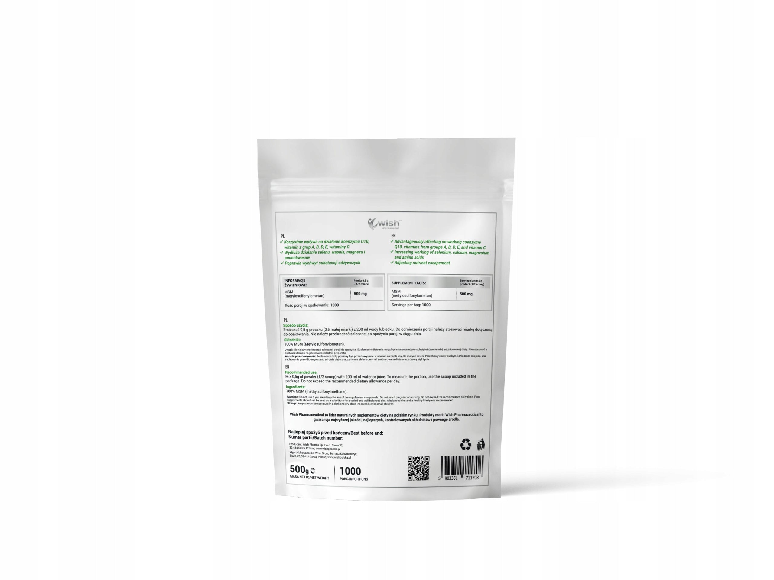 MSM ORGANIC SULFUR POWDER PRODUCT VEGE 0,5KG Brand Wish Pharmaceutical