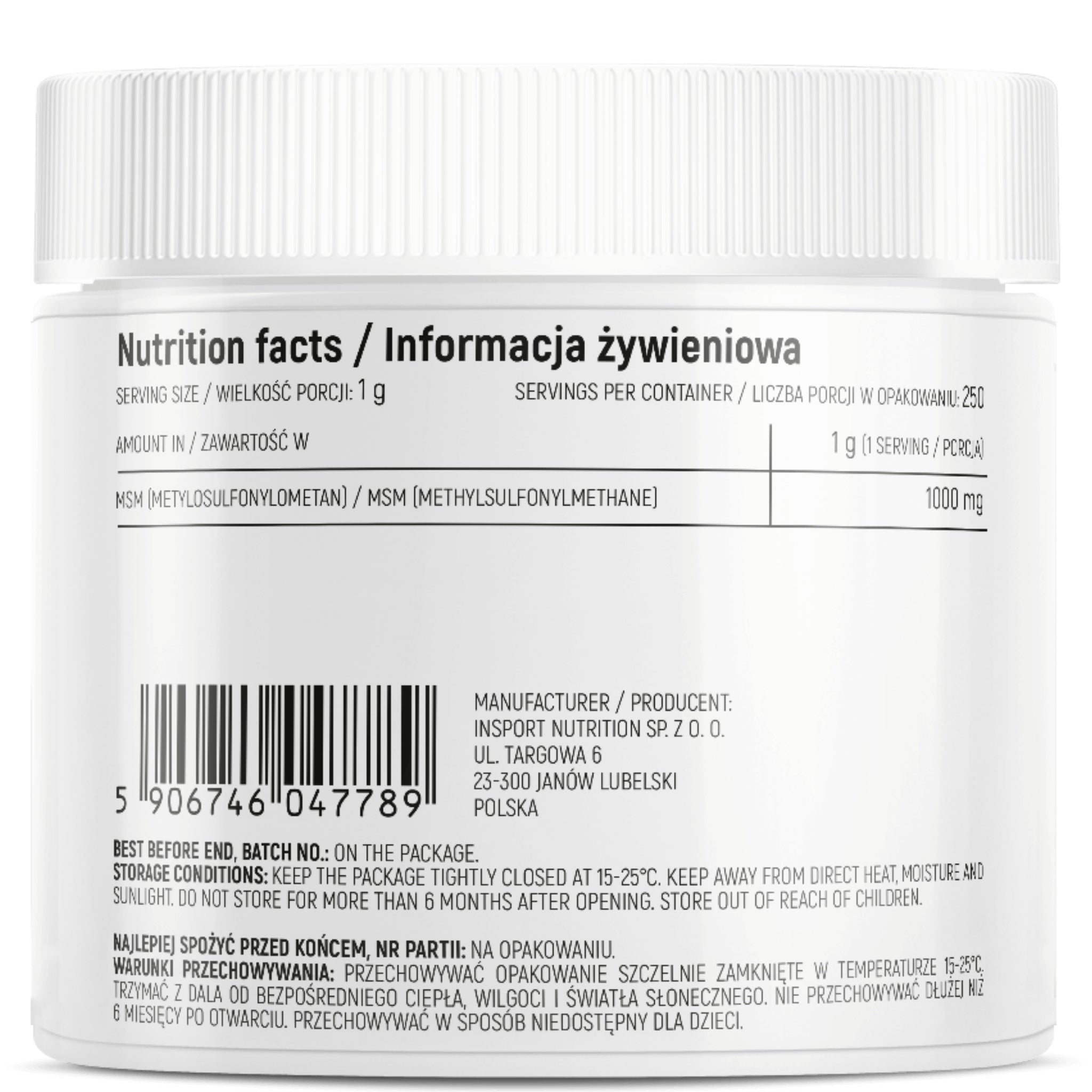 MSM Organic Sulfur 1000mg Pure 250g for joints HAIR NAILS | INSPORT Packaging status original