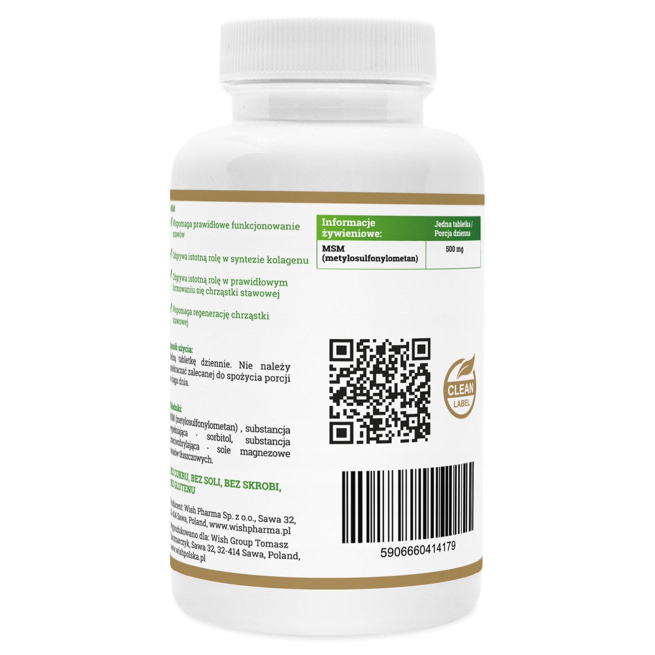 MSM Organic Sulfur 500 mg Bones Joints Muscle Collagen VEGE 500 tablets Manufacturer code 5906660414179