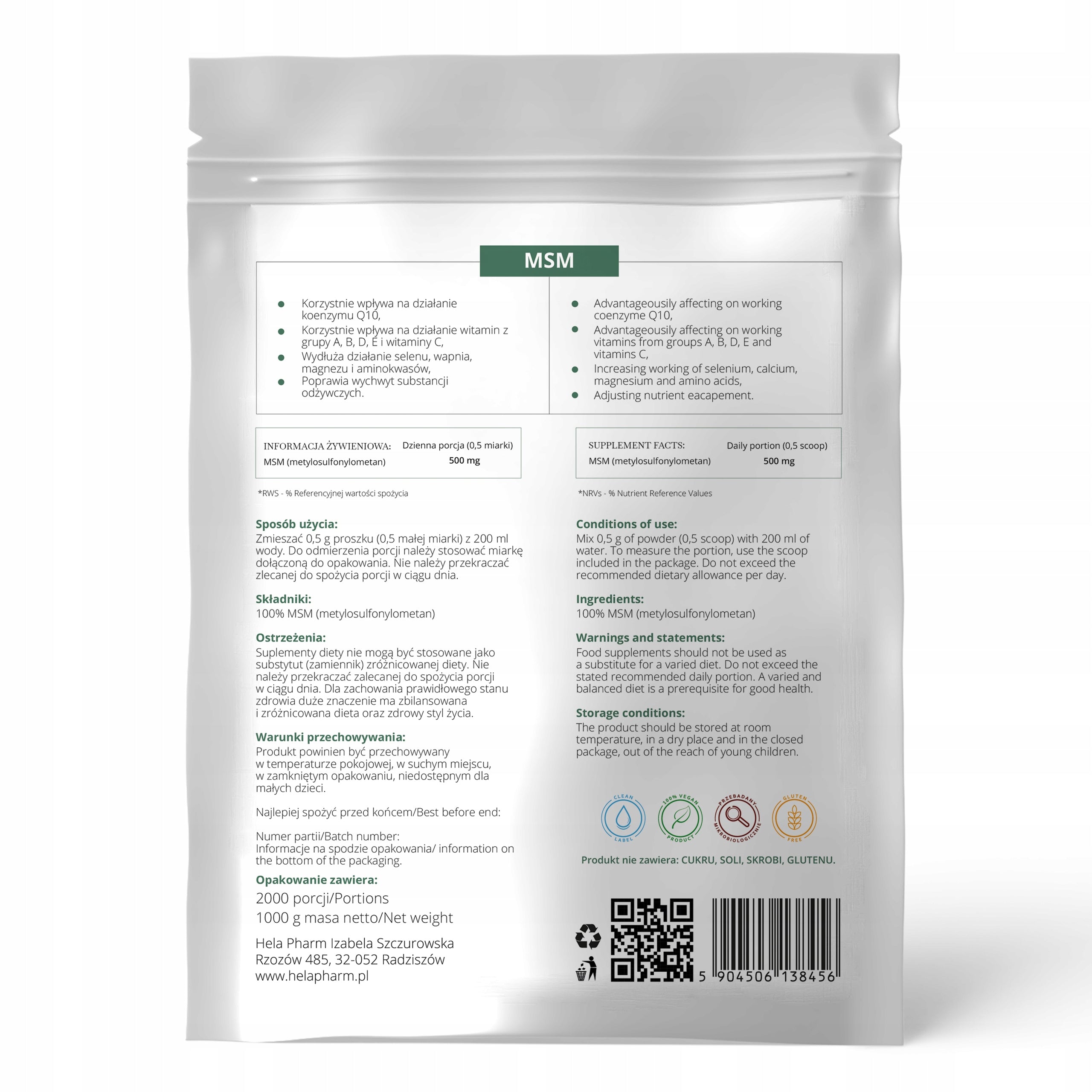 MSM Organic Sulphur 500mg Powder JOINTS 1kg Vege Manufacturer code MSM Siarka Organiczna 500mg w proszku 1kg
