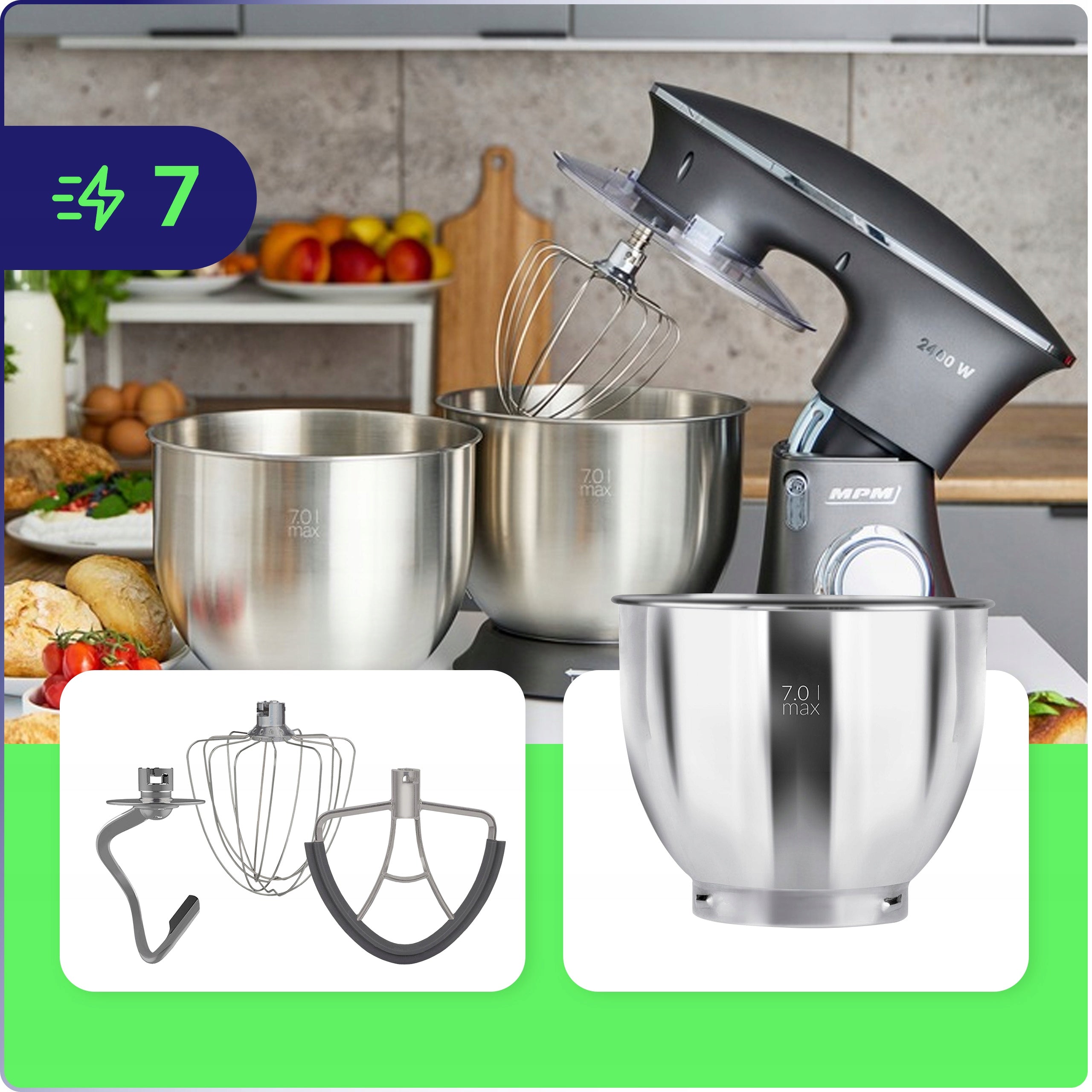 MULTIFUNCTIONAL FOOD PROCESSOR PLANETARY MIXER MPM MRK-23 2400W 3W1 6,5L Manufacturer code MRK-23