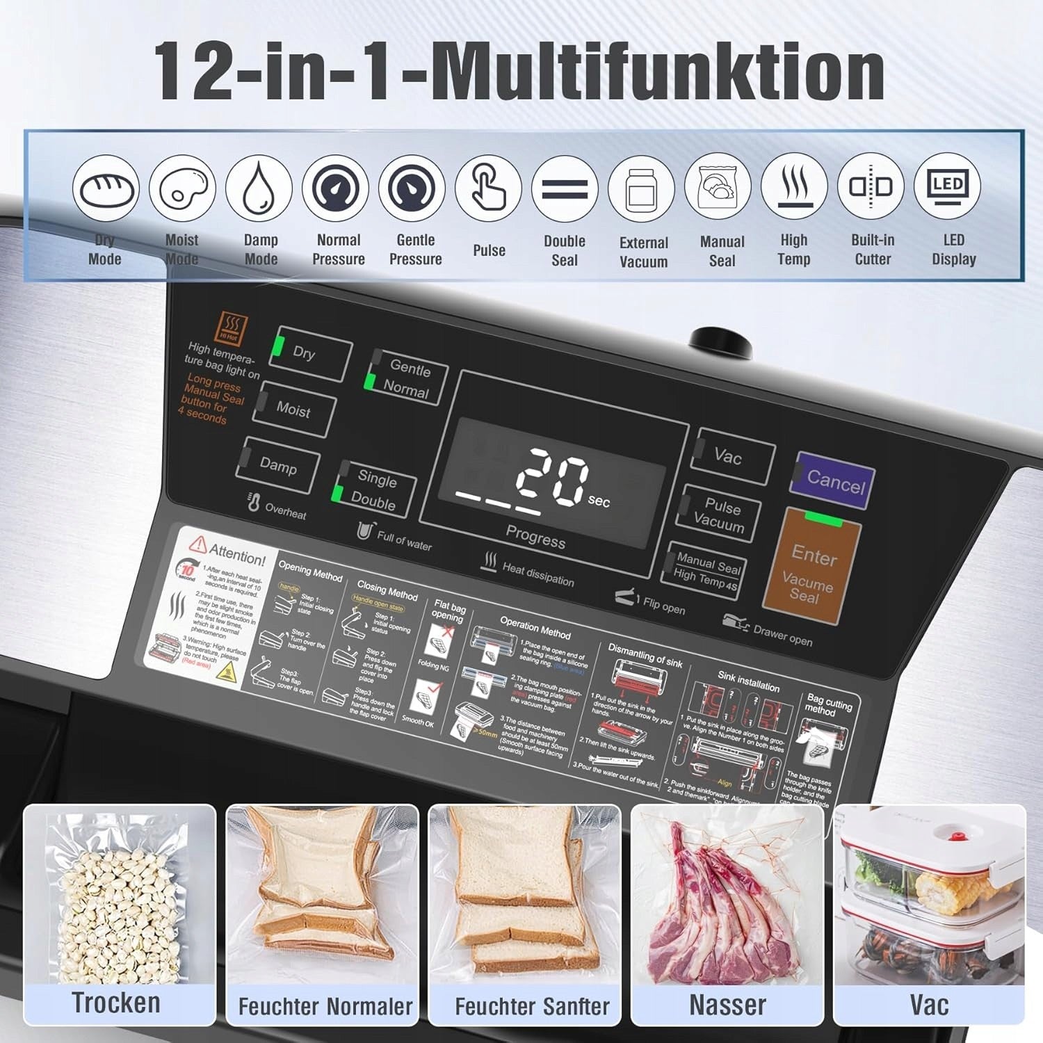 MULTIFUNCTIONAL FOOD VACUUM SEALER 85 kPa 230 W WITH HANDLE Manufacturer code B0DKNDBDKS