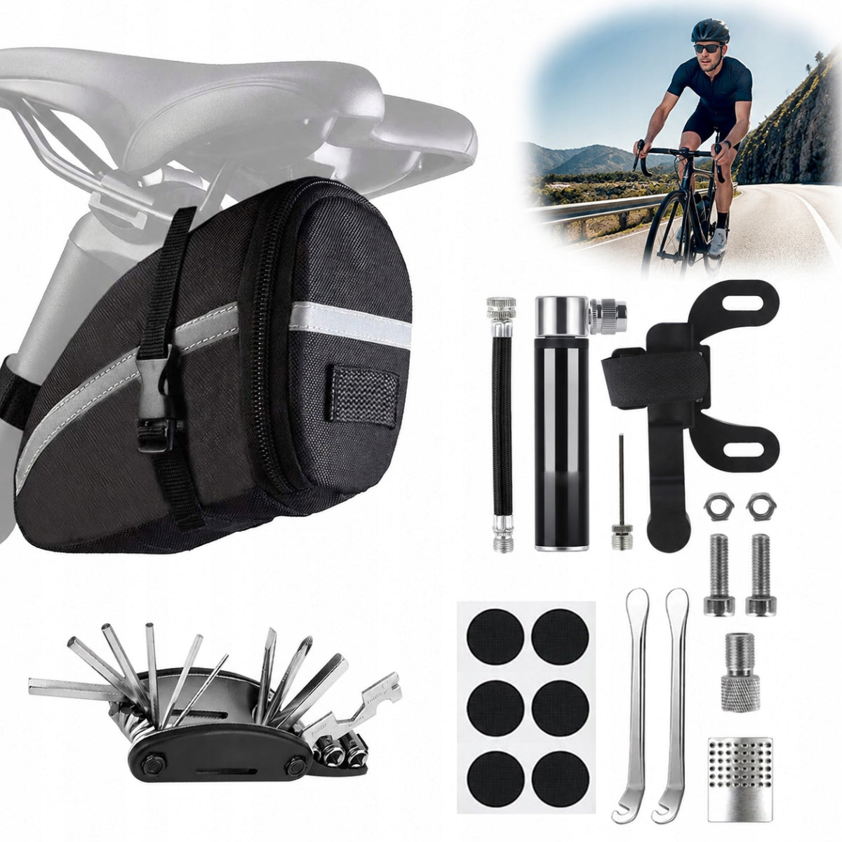 MULTITOOL BICYCLE TOOL SET SERVICE PUMP PATCH BAG 16in1