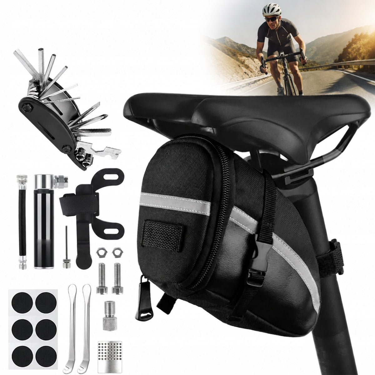 MULTITOOL BIKE 16in1 REPAIR KIT PUMP PATCH MTB SERVICE BAG