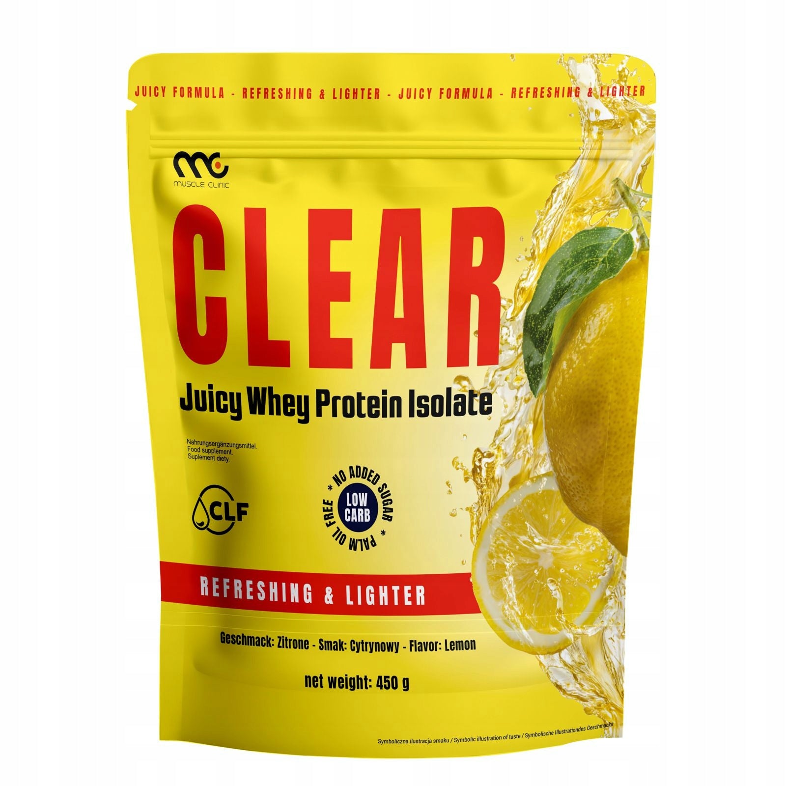 MUSCLE CLINIC CLEAR 450G JUICY WHEY PROTEIN ISOLATE LEMON FLAVOUR Packaging status original