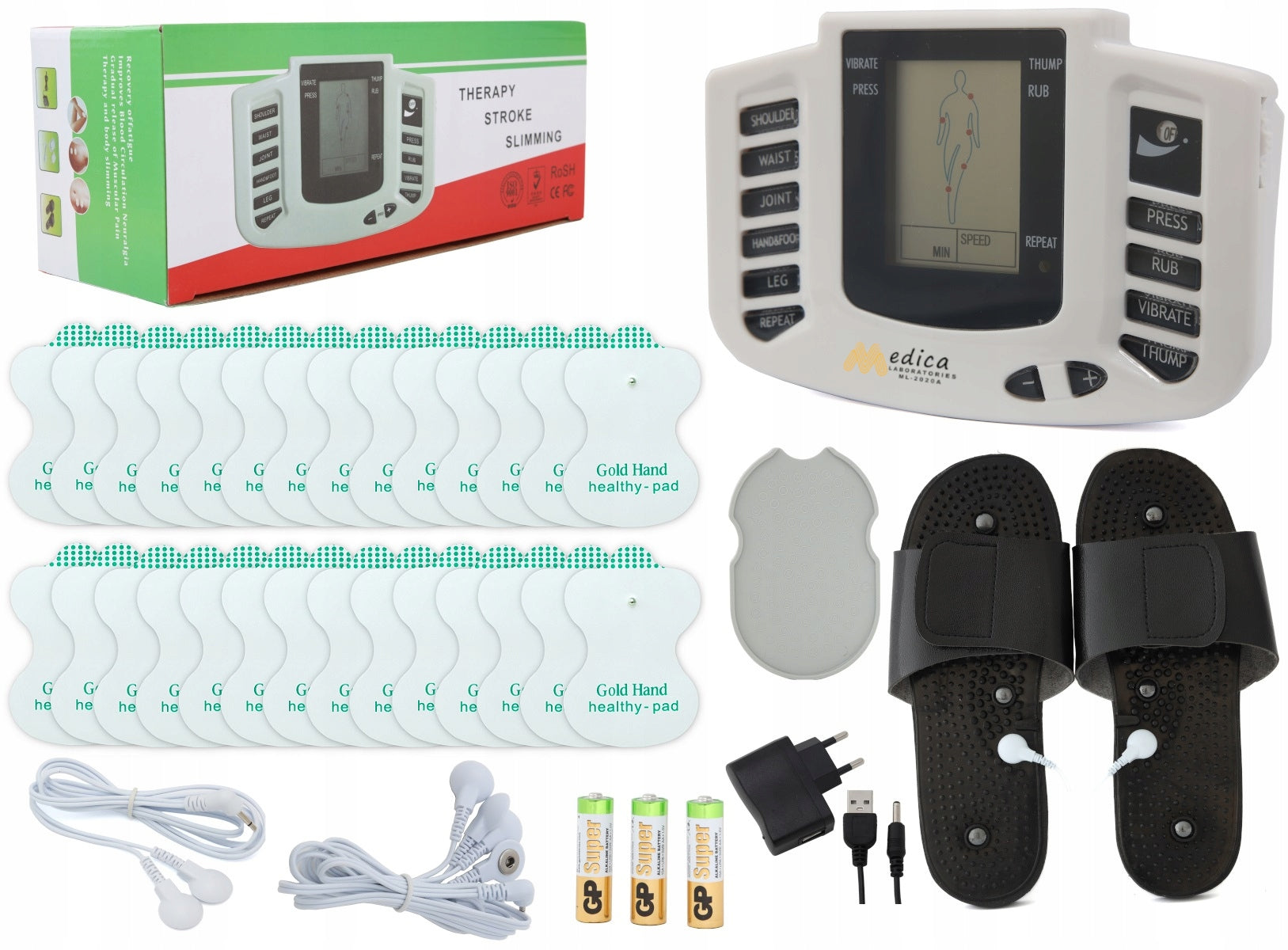 MUSCLE ELECTROSTIMULATOR MASSAGER TENS EMS+28 ELECTRODES+BATTERIES SET XXL Model ML-2020A