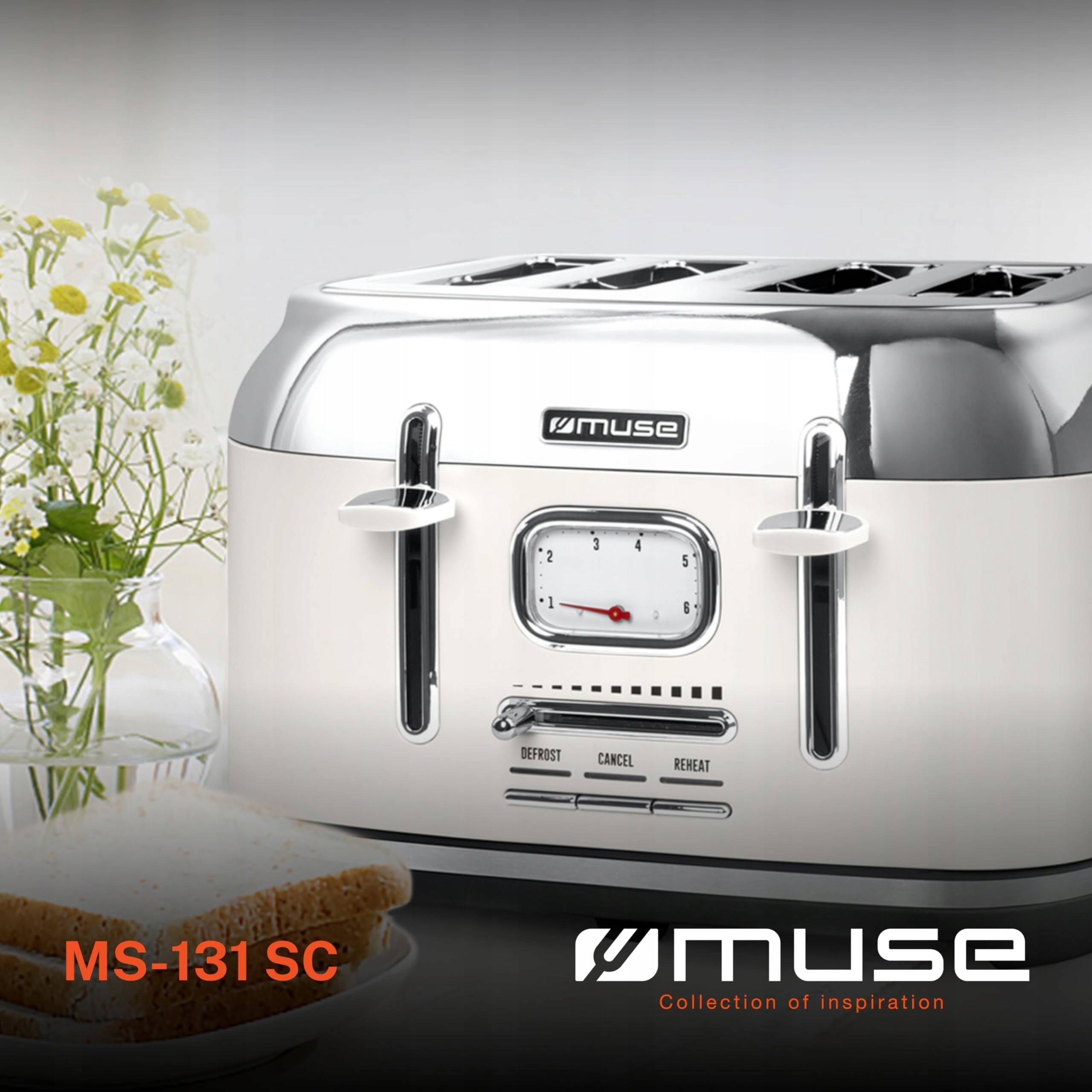 MUSE Toaster Retro White Steel 4 Slices 6 Degree With Crumb Grille Packaging status original