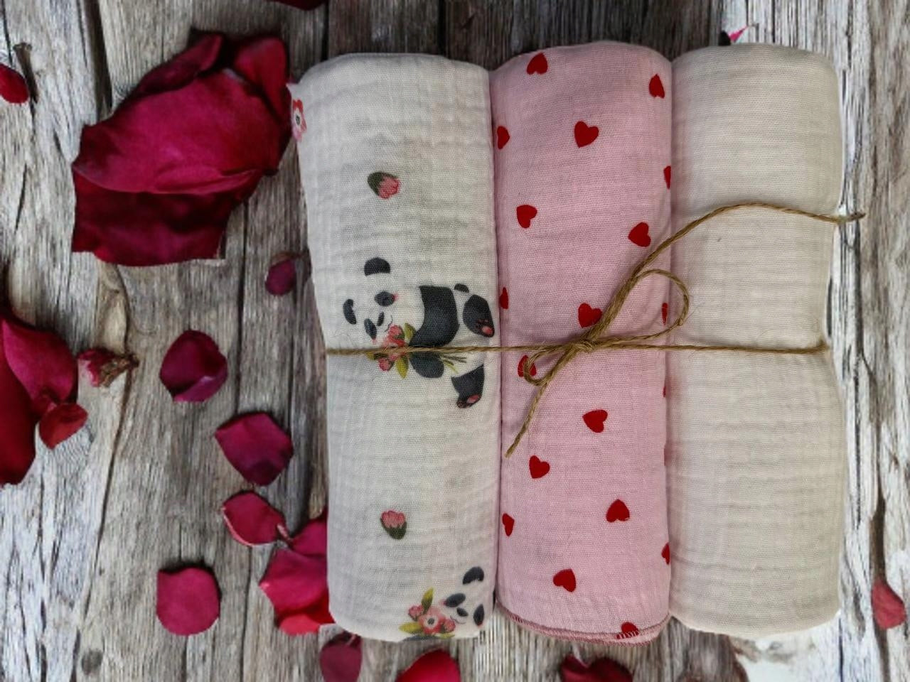 MUSLIN Diaper 3-Pack 80x60 Cotton Diapers PANDA HEARTS PINK Packaging status original