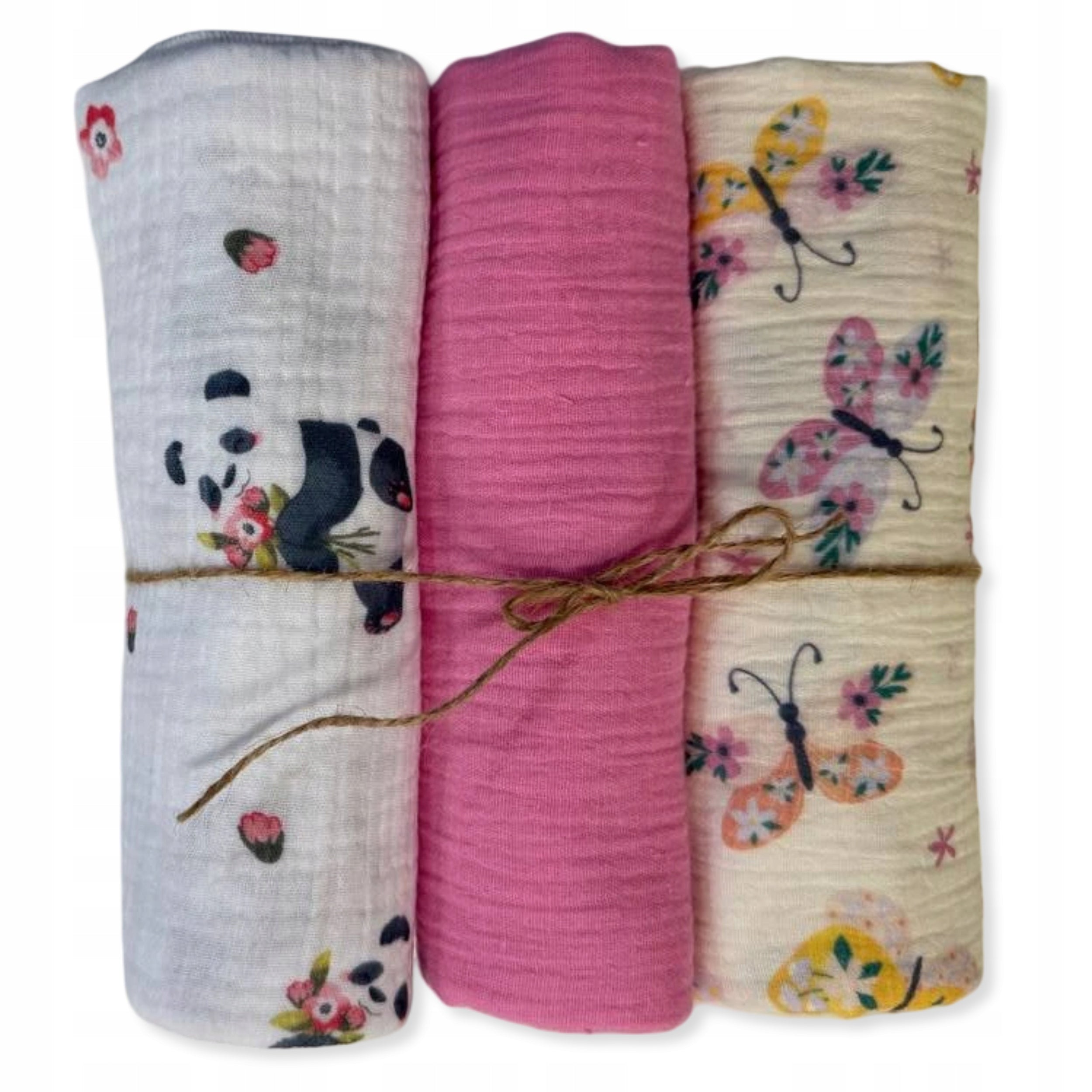 MUSLIN Diaper 3-Pack 80x60 Diapers COTTON BUTTERFLIES PINK PANDA