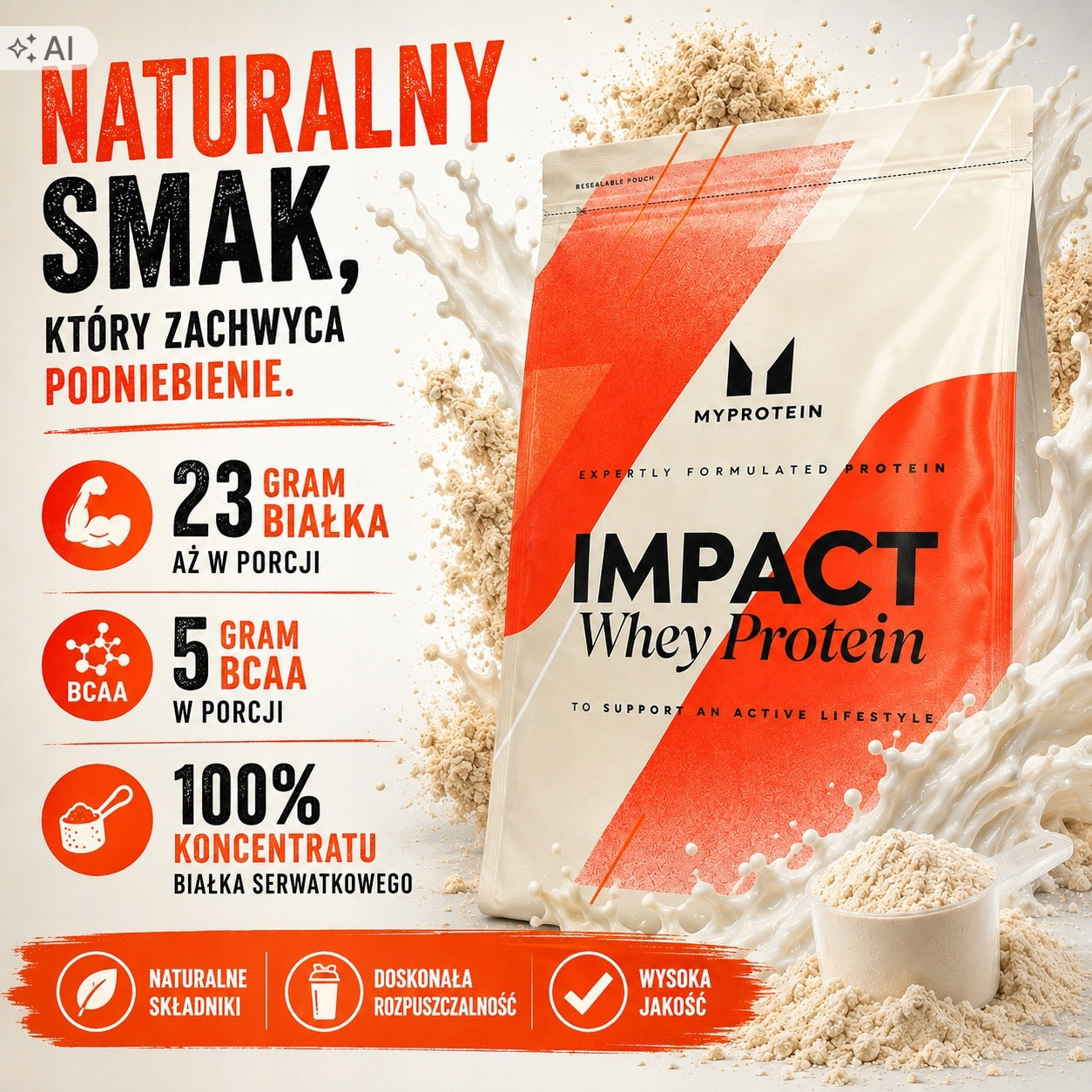 MYPROTEIN IMPACT WPC 1KG BESMAKOWY PROTEIN NATURAL NO SWEETENERS AROMAS Expiration date at least 1 year from the date of purchase