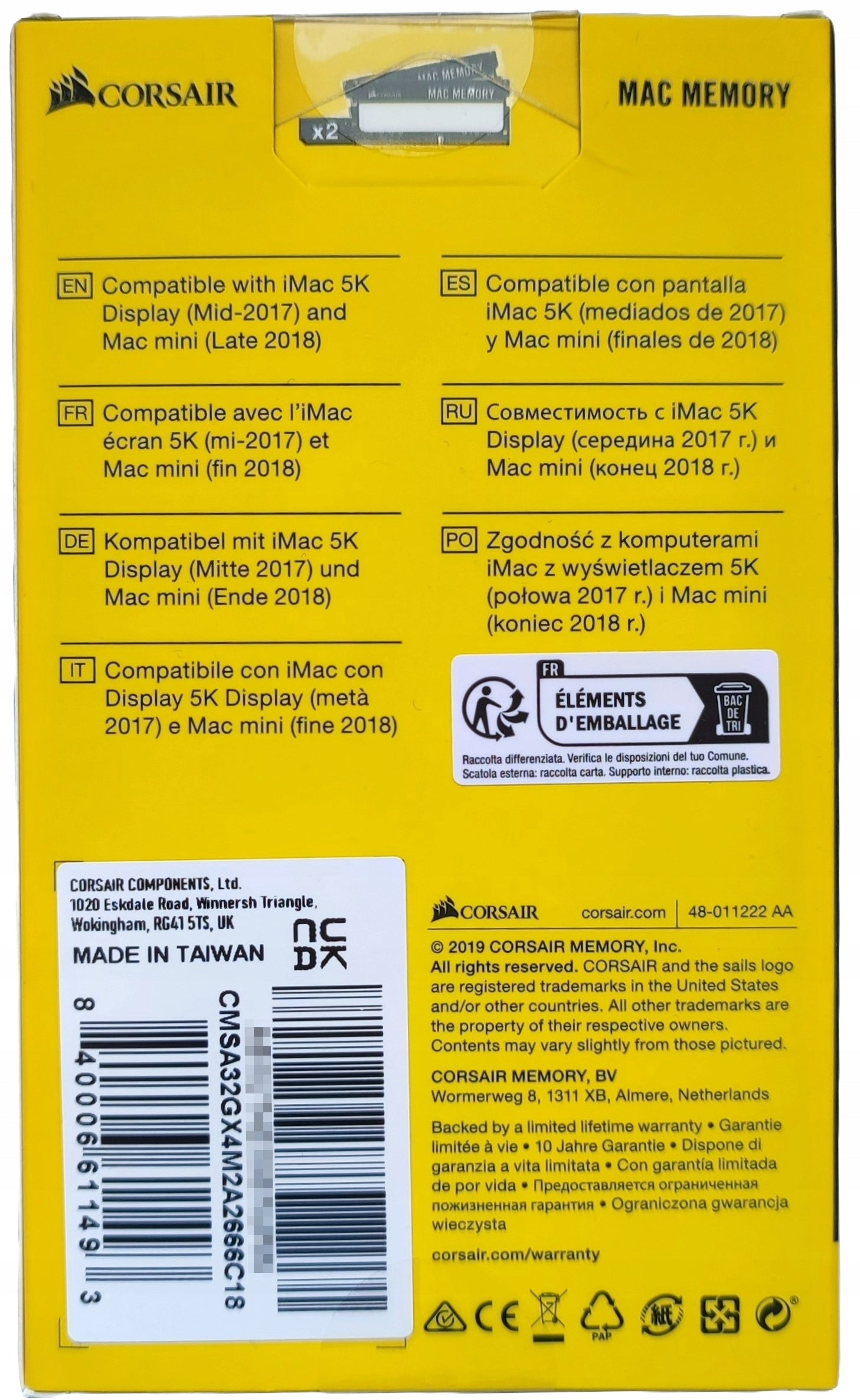 Speicher Notebook Corsair Mac Speicher 32 GB (2 x 16 GB) DDR4 2666 MHz C18 CMSA32GX4M2A2666C18