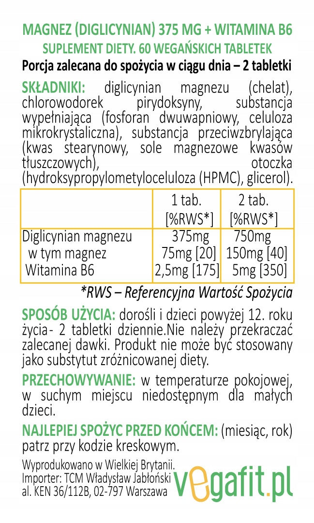 Magnesium Bisglycinate 375mg + B6 Vegetable Manufacturer code 801317