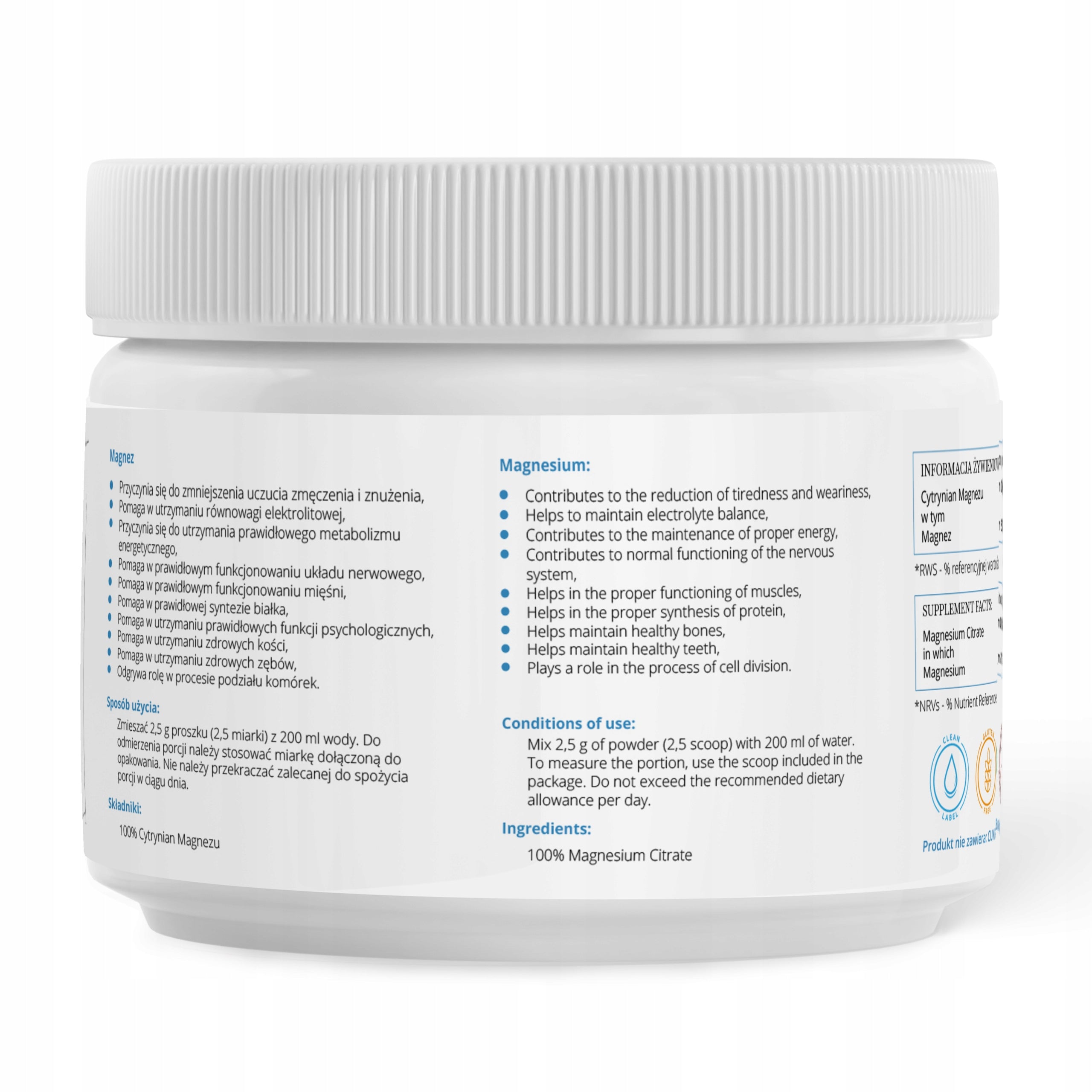 Magnesium Powder 100% Magnesium Citrate 250g VEGE Manufacturer code MAGNEZ w proszku 250g Vege