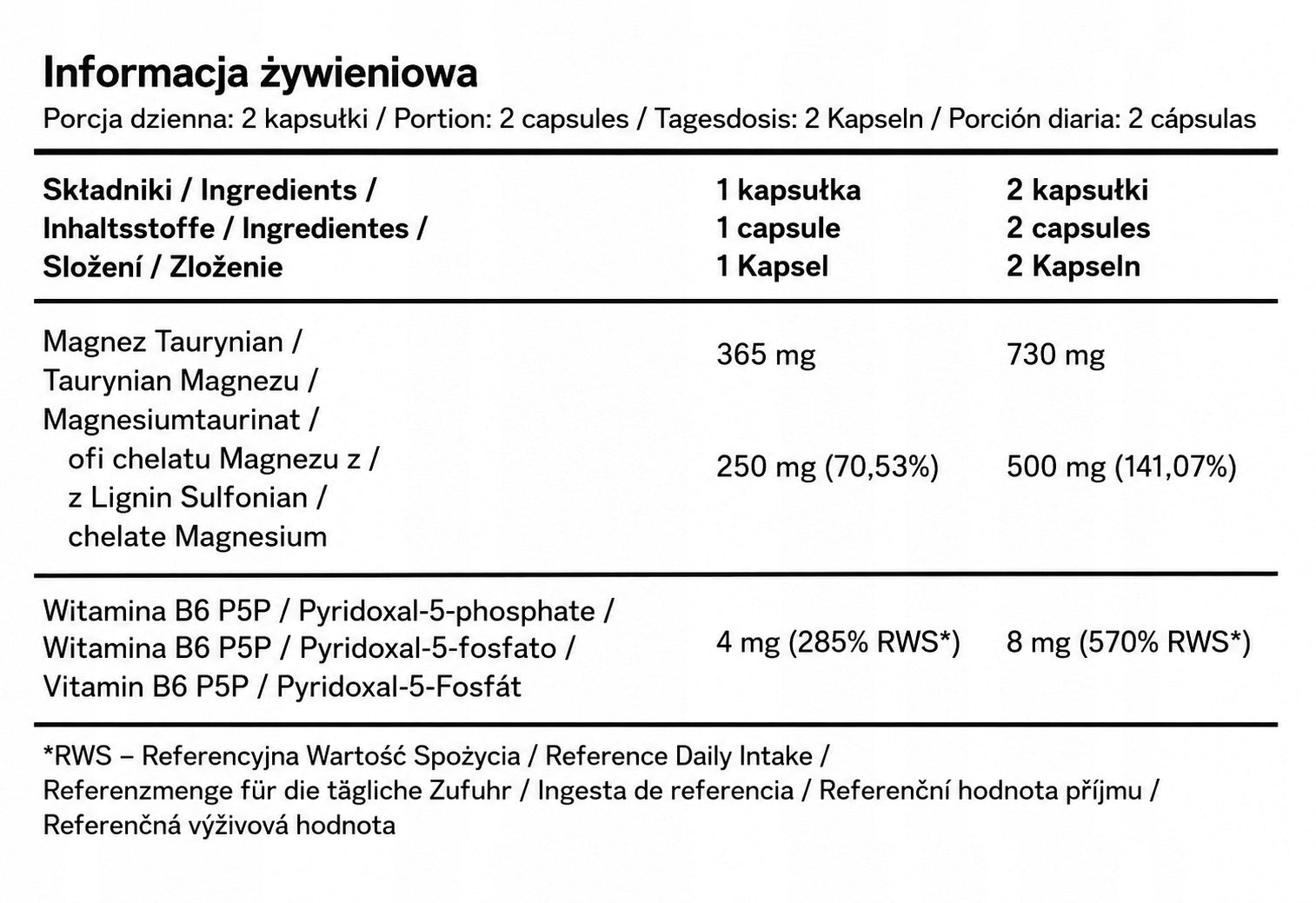 Magnesium Taurate Magnesium 7Nutrition 120 Vege Caps Vitamin B6 P5P Packaging status original